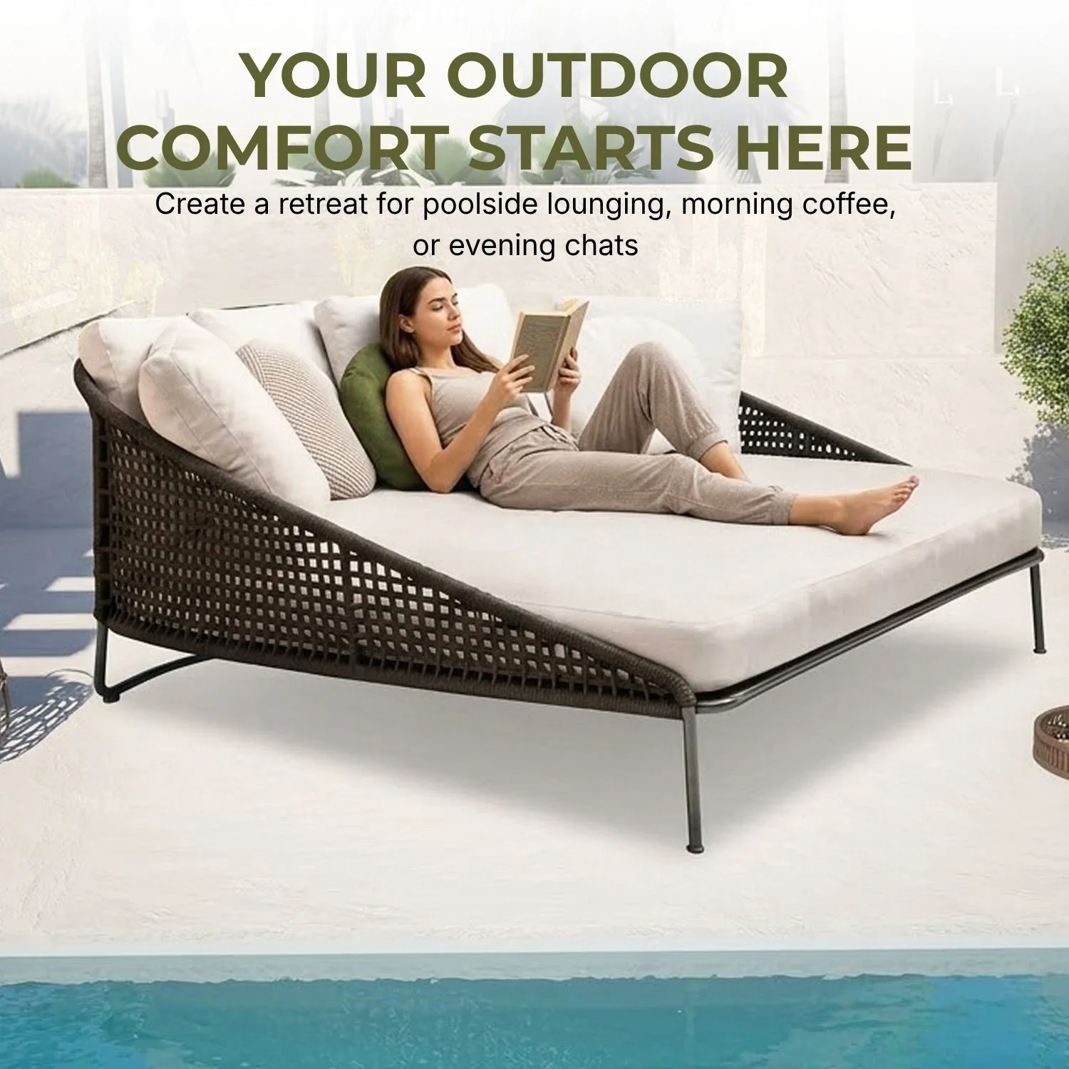 Outdoor Rope Patio Furniture Daybed (Brown and Cream) - Image 6