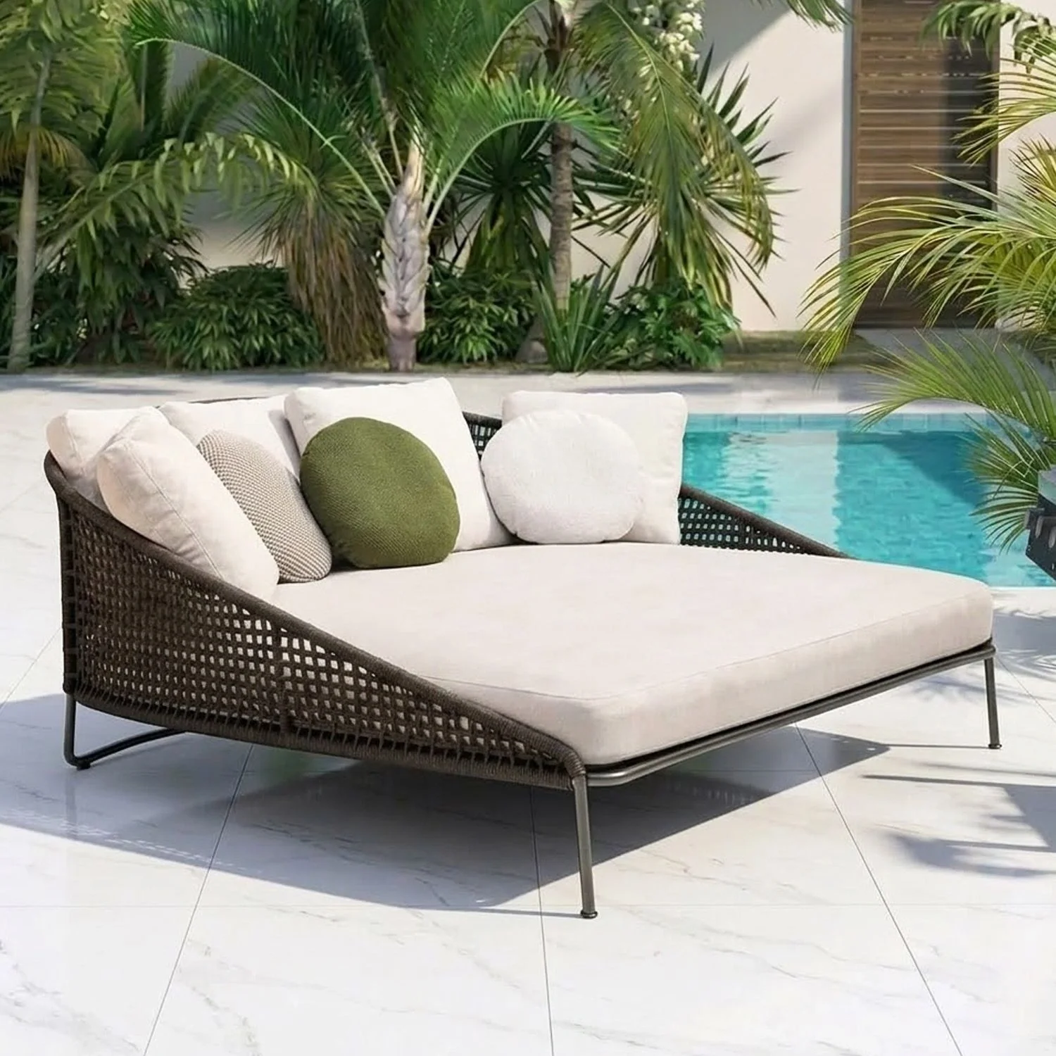 Outdoor Rope Patio Furniture Daybed (Brown and Cream) - Image 7