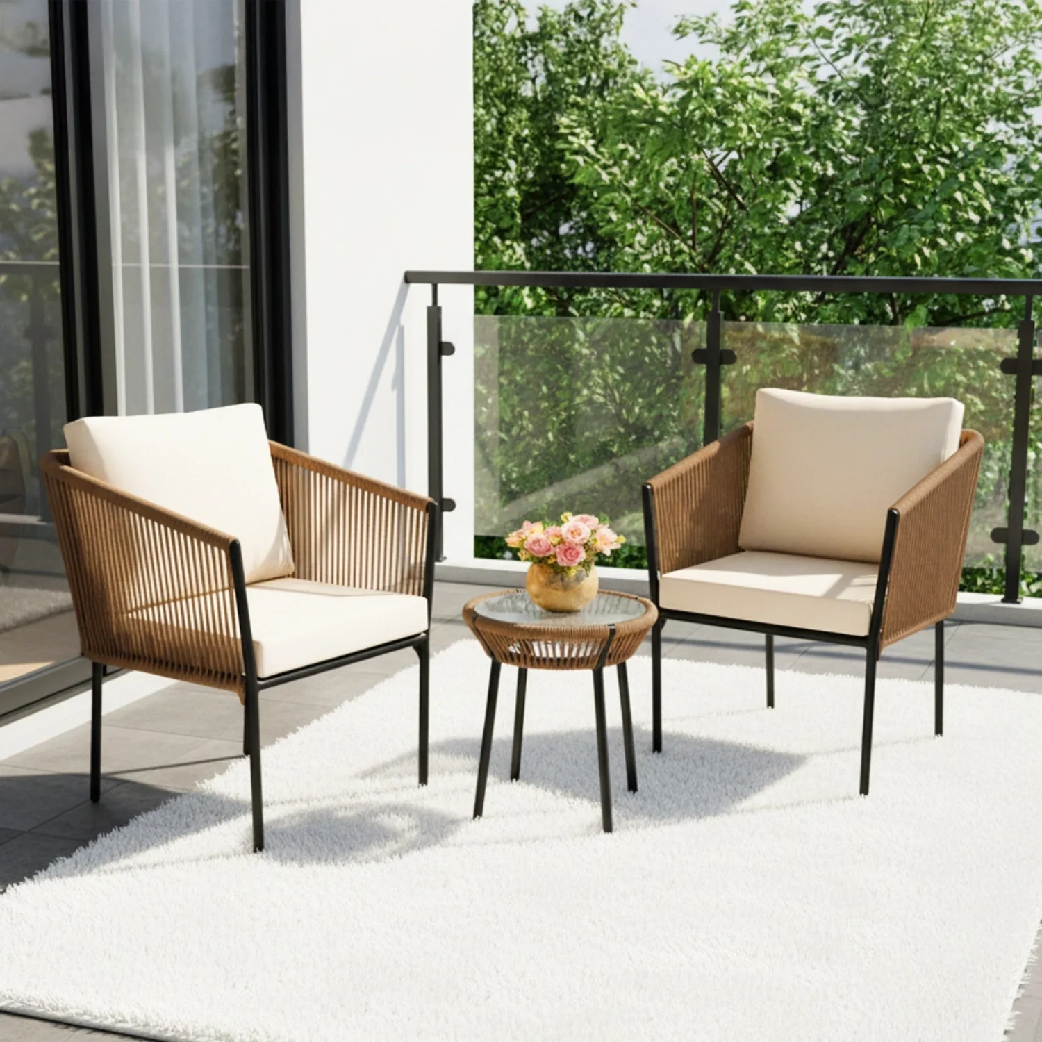 Outdoor Rope Patio Set with Glass Top Table - Image 9