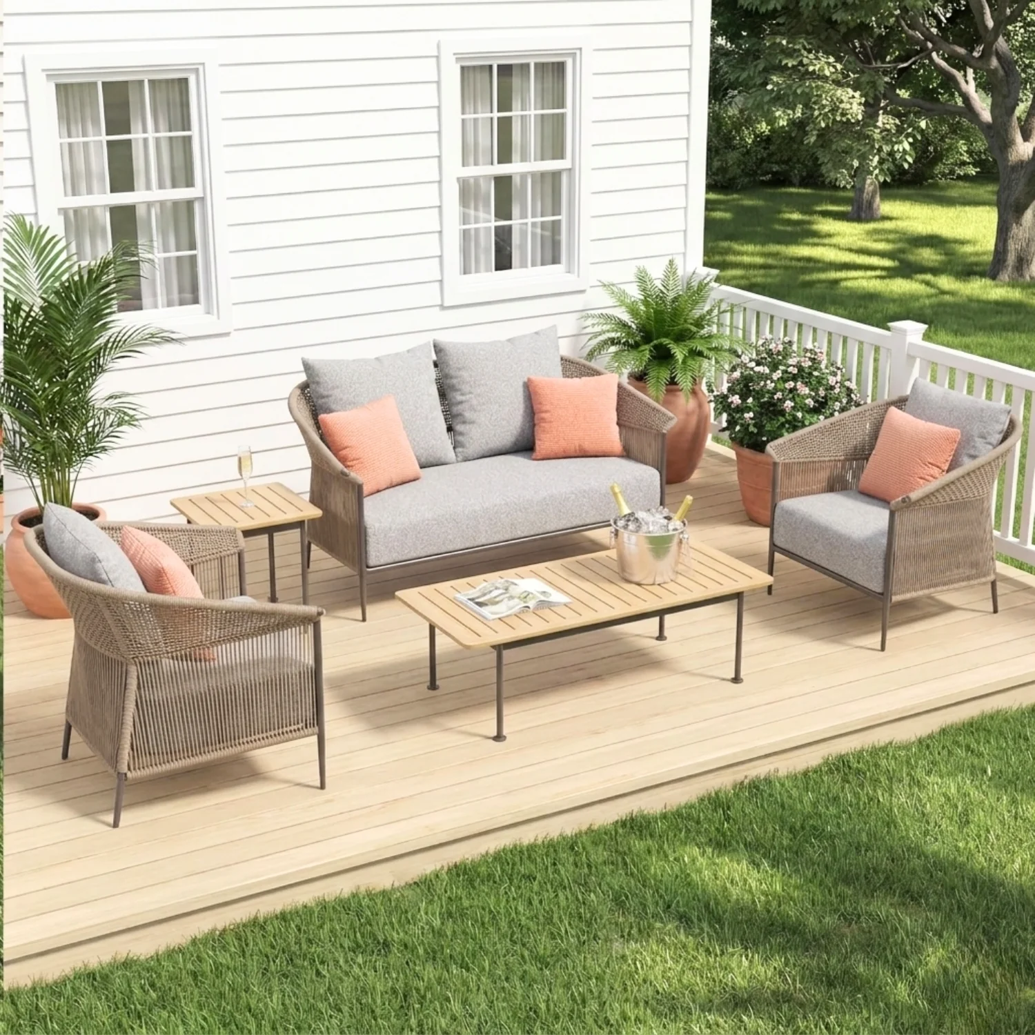 Outdoor Rope Patio Sofa Set with Cushions & Wooden Top Tables