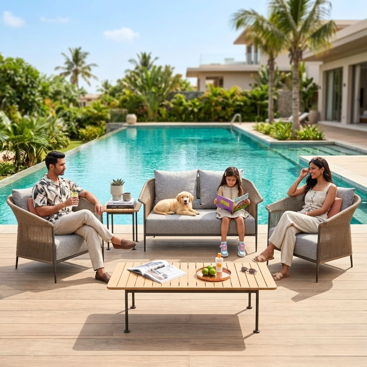 Outdoor Rope Patio Sofa Set with Cushions & Wooden Top Tables - Image 11