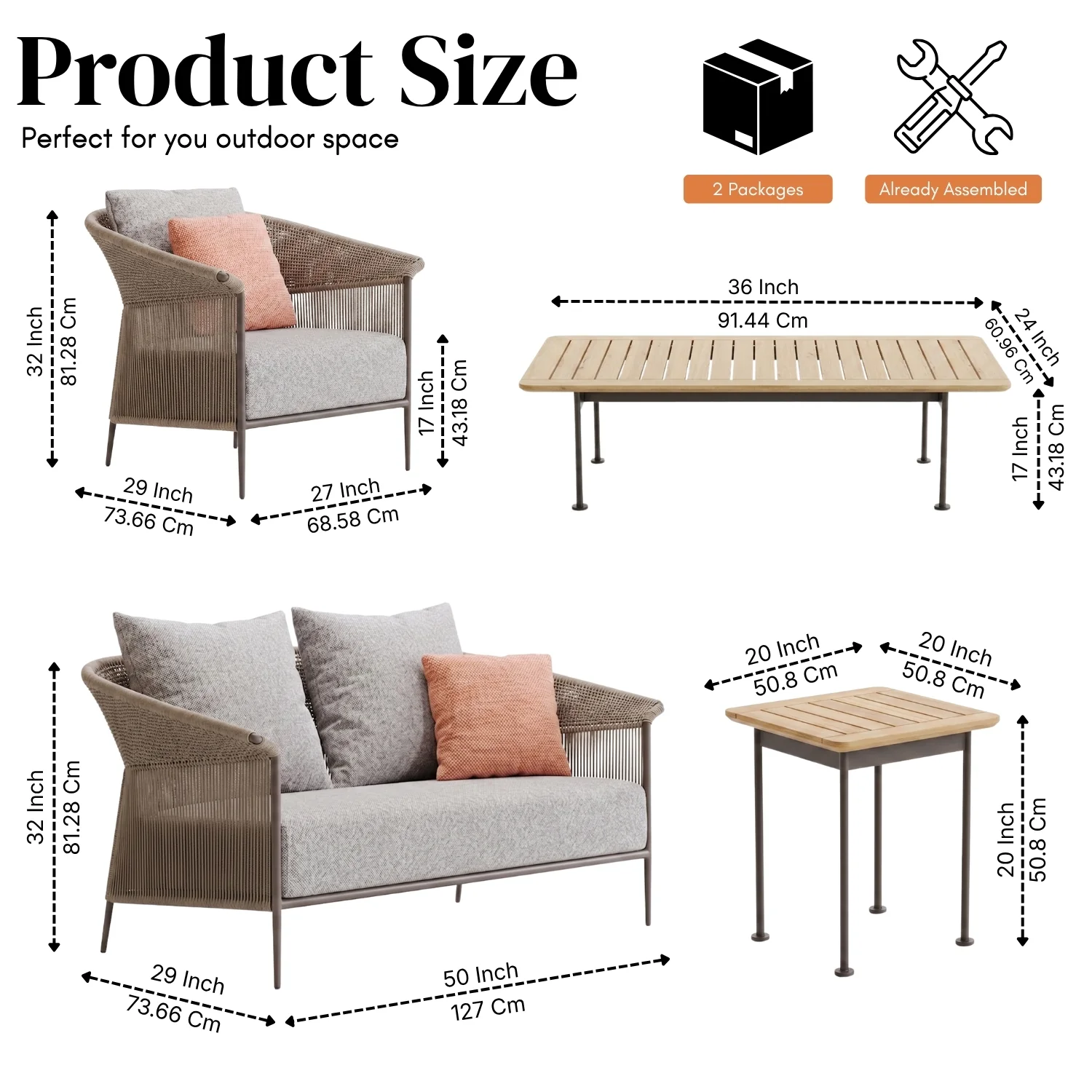 Outdoor Rope Patio Sofa Set with Cushions & Wooden Top Tables - Image 2