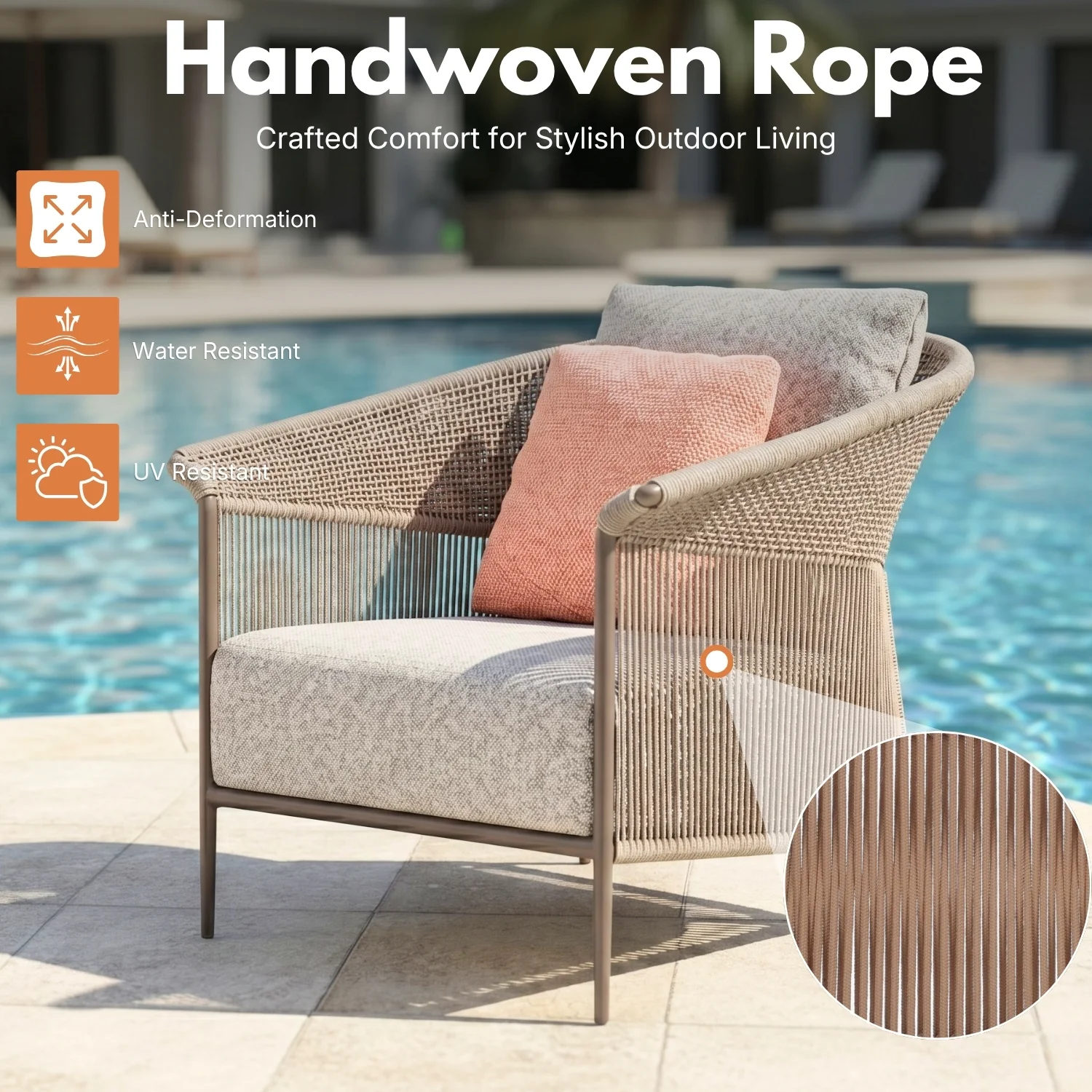 Outdoor Rope Patio Sofa Set with Cushions & Wooden Top Tables - Image 3