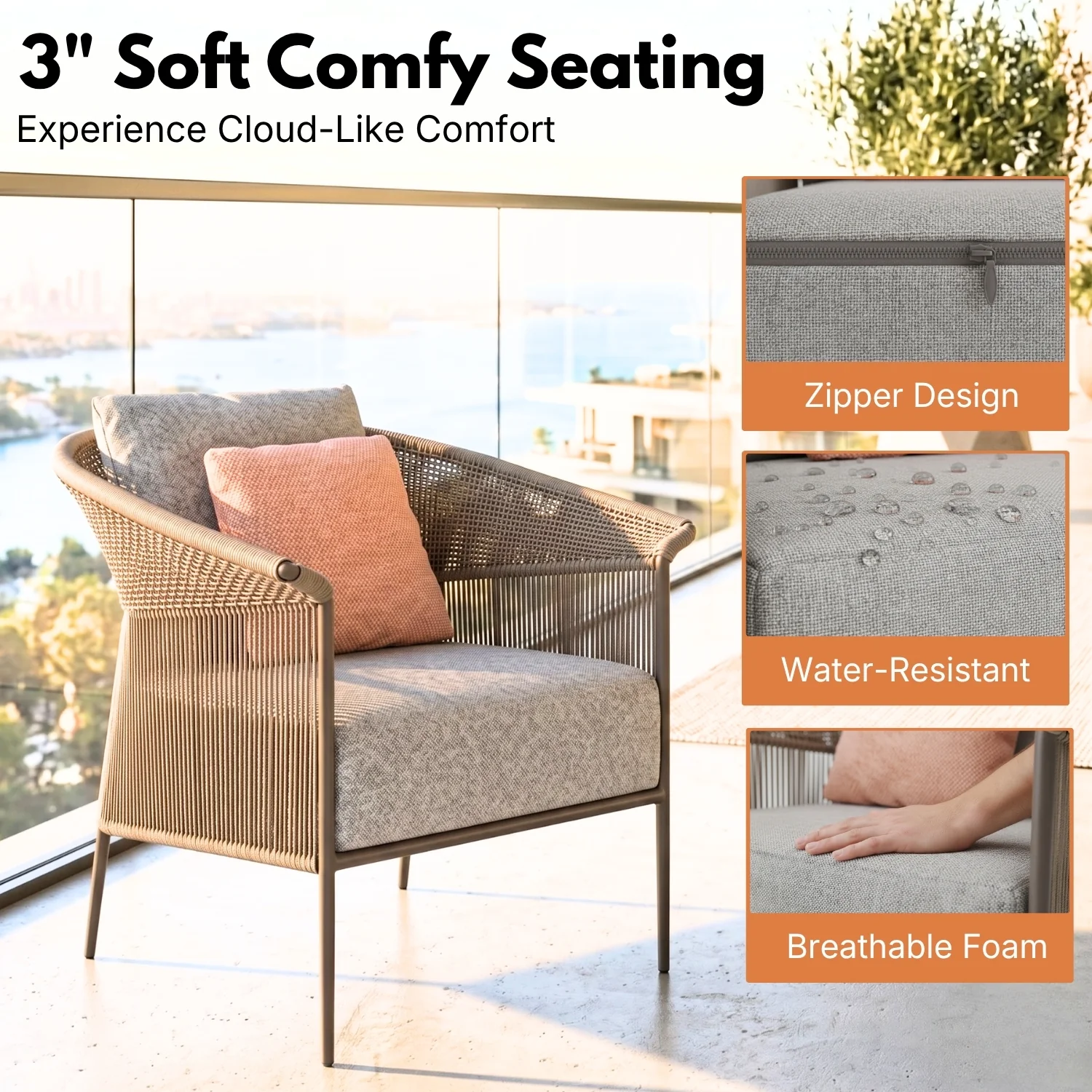 Outdoor Rope Patio Sofa Set with Cushions & Wooden Top Tables - Image 4