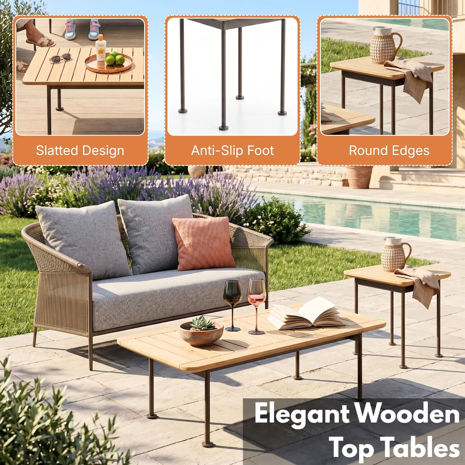 Outdoor Rope Patio Sofa Set with Cushions & Wooden Top Tables - Image 5