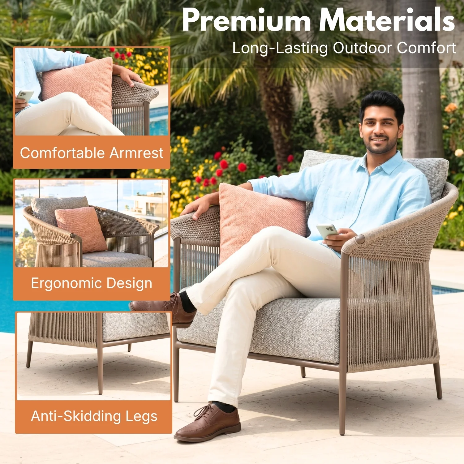 Outdoor Rope Patio Sofa Set with Cushions & Wooden Top Tables - Image 6