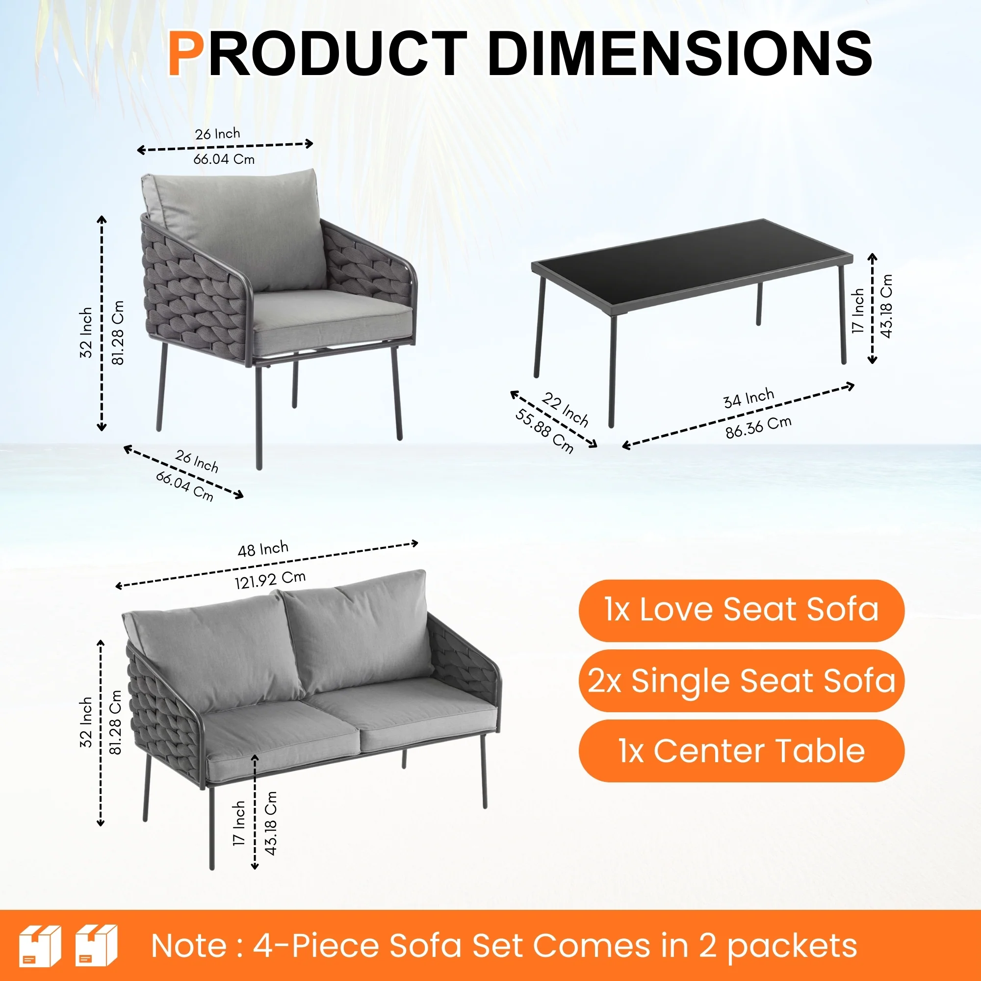 Outdoor Rope Sofa Set With Glass Top Table - Image 2