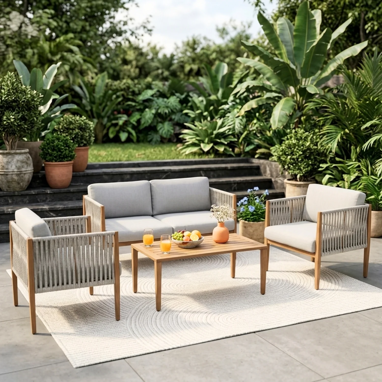 Outdoor Rope Sofa Set with Sheesham Wood Frames (Grey) - Image 11