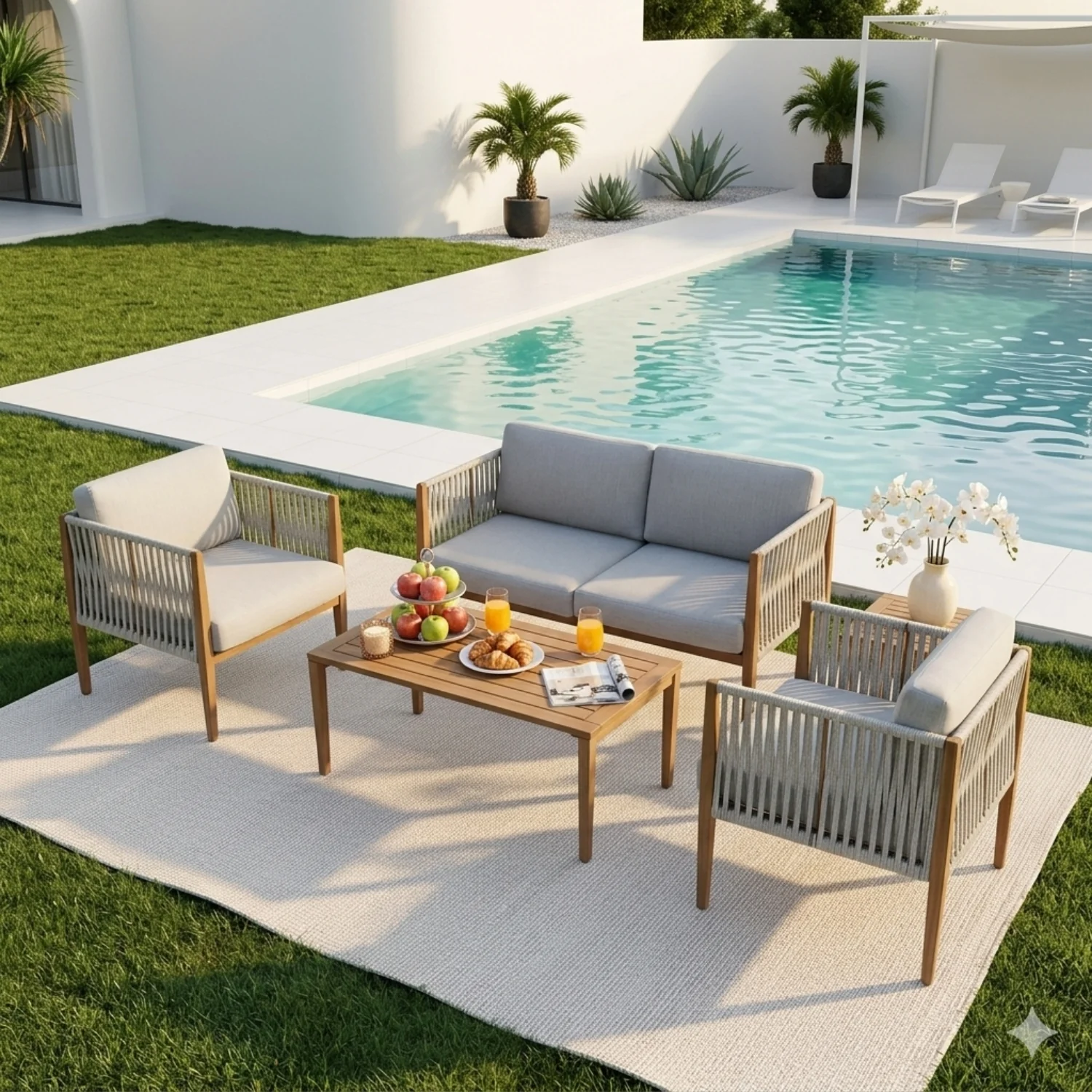 Outdoor Rope Sofa Set with Sheesham Wood Frames (Grey) - Image 12