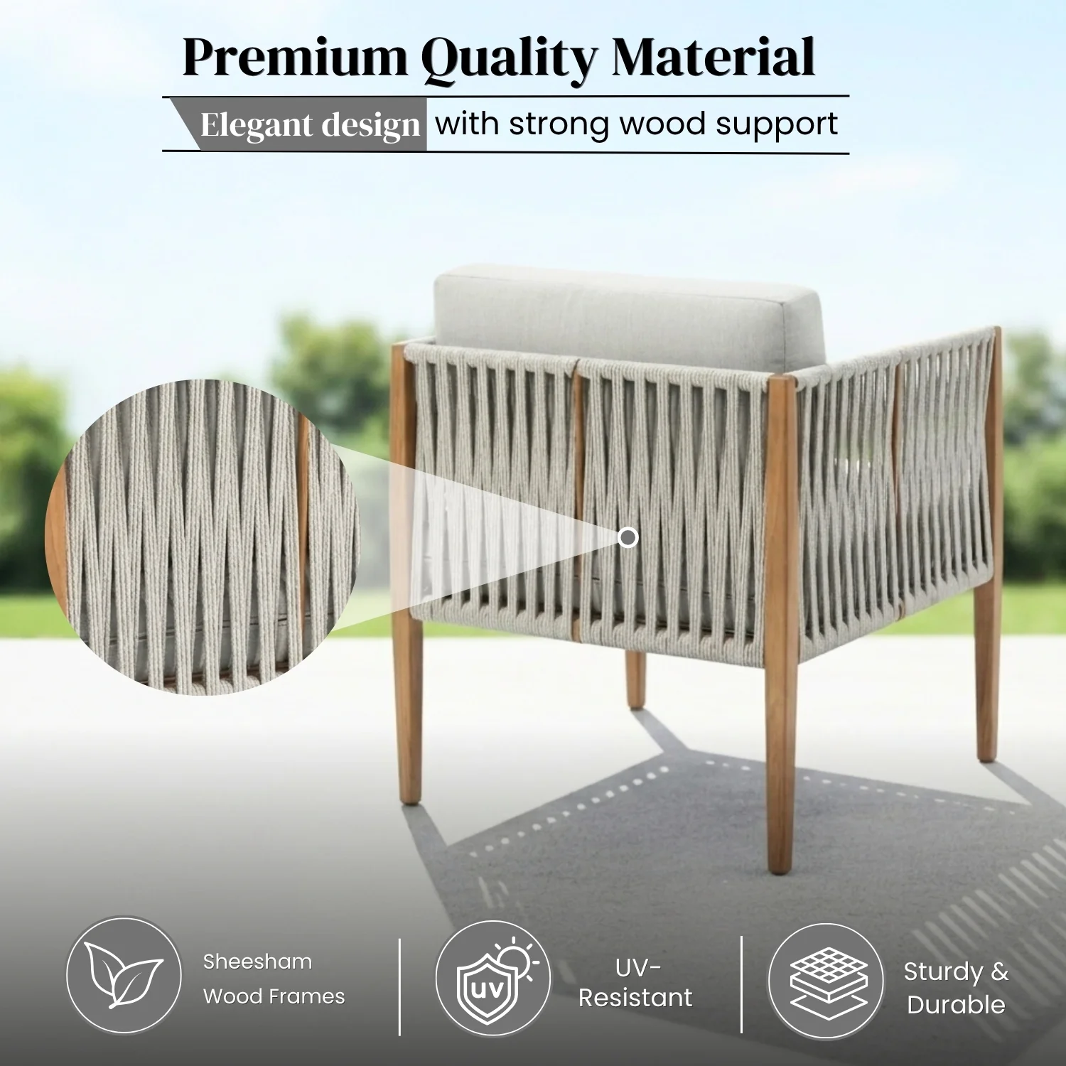 Outdoor Rope Sofa Set with Sheesham Wood Frames (Grey) - Image 3