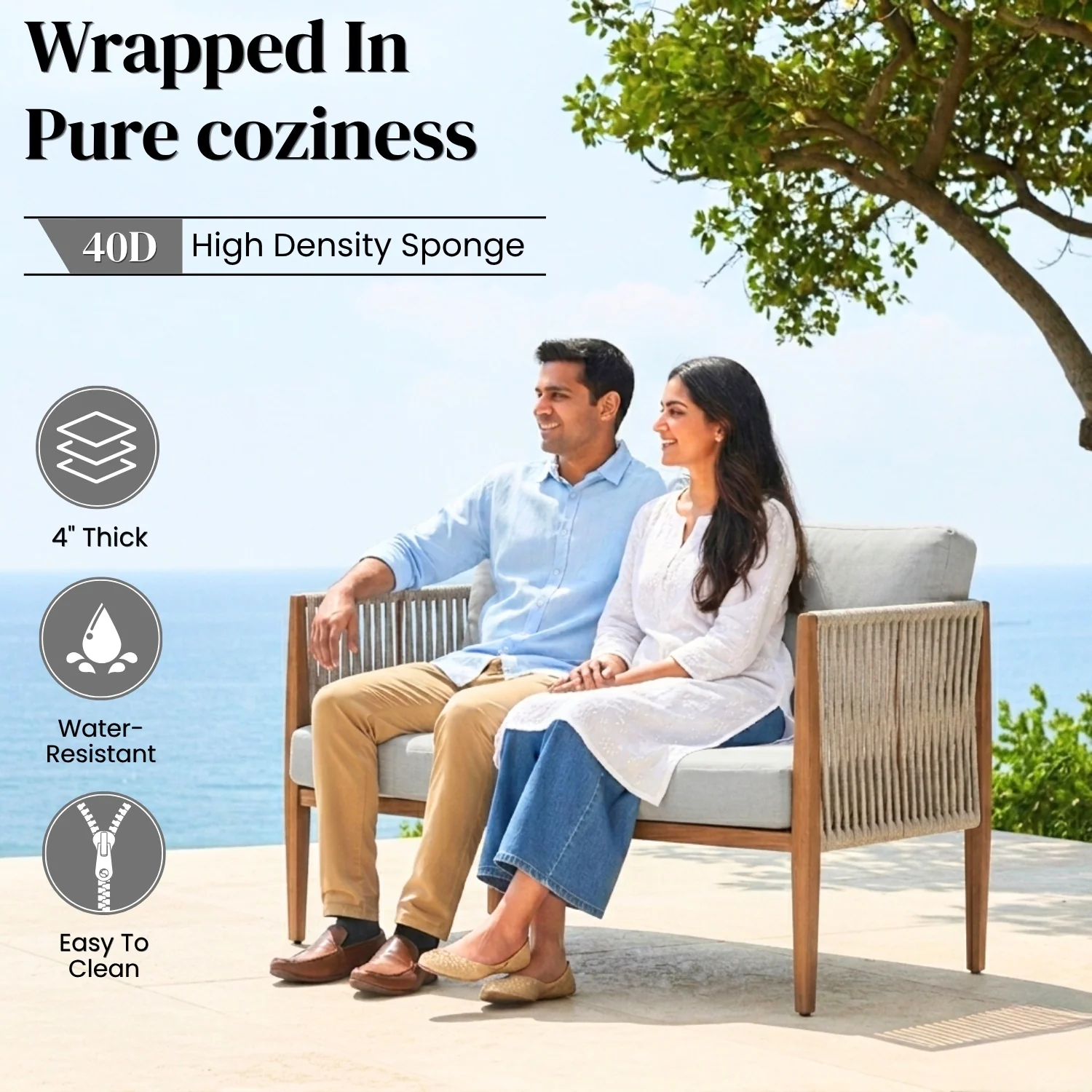 Outdoor Rope Sofa Set with Sheesham Wood Frames (Grey) - Image 5