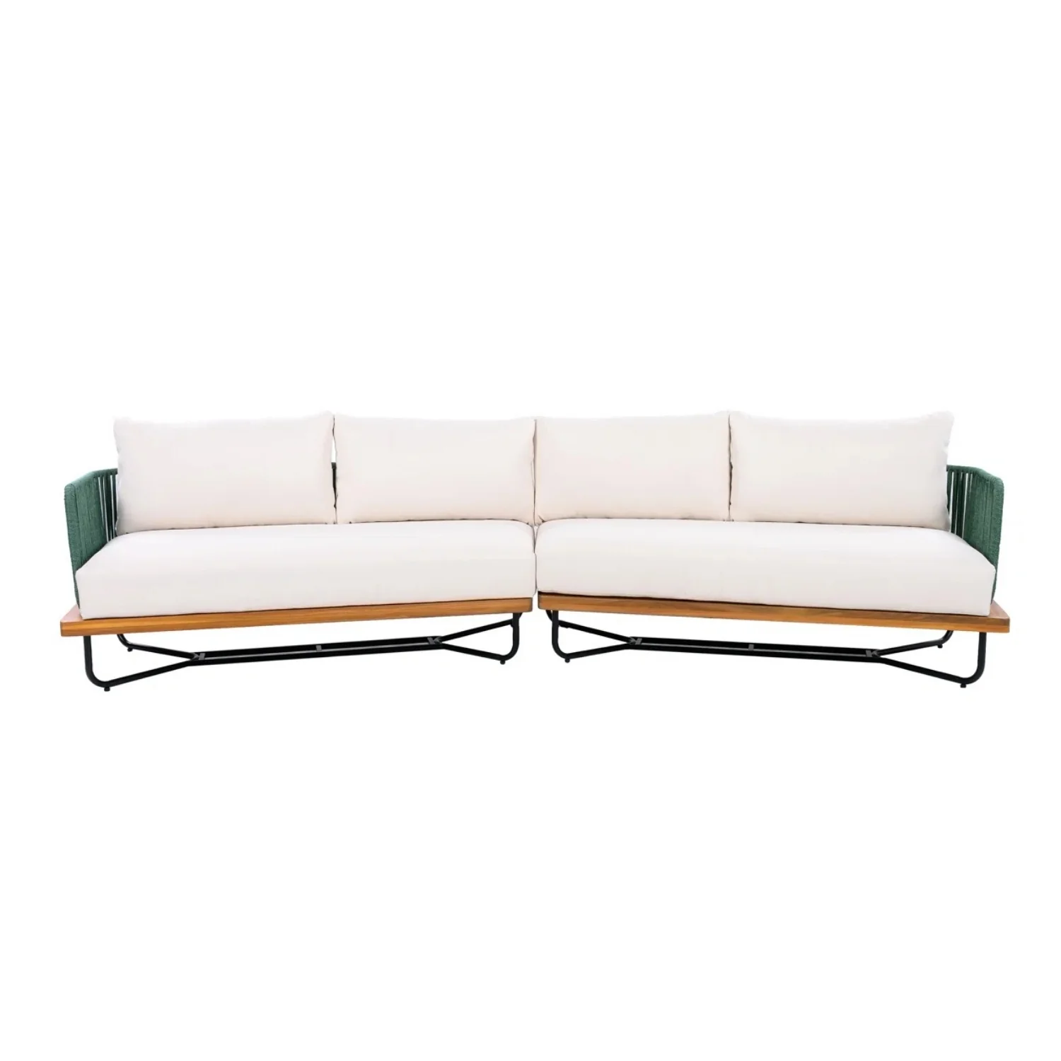 Outdoor Rope Sofa Set with Wooden Base & Teak Finish Coffee Table (Green & Off-White) - Image 10