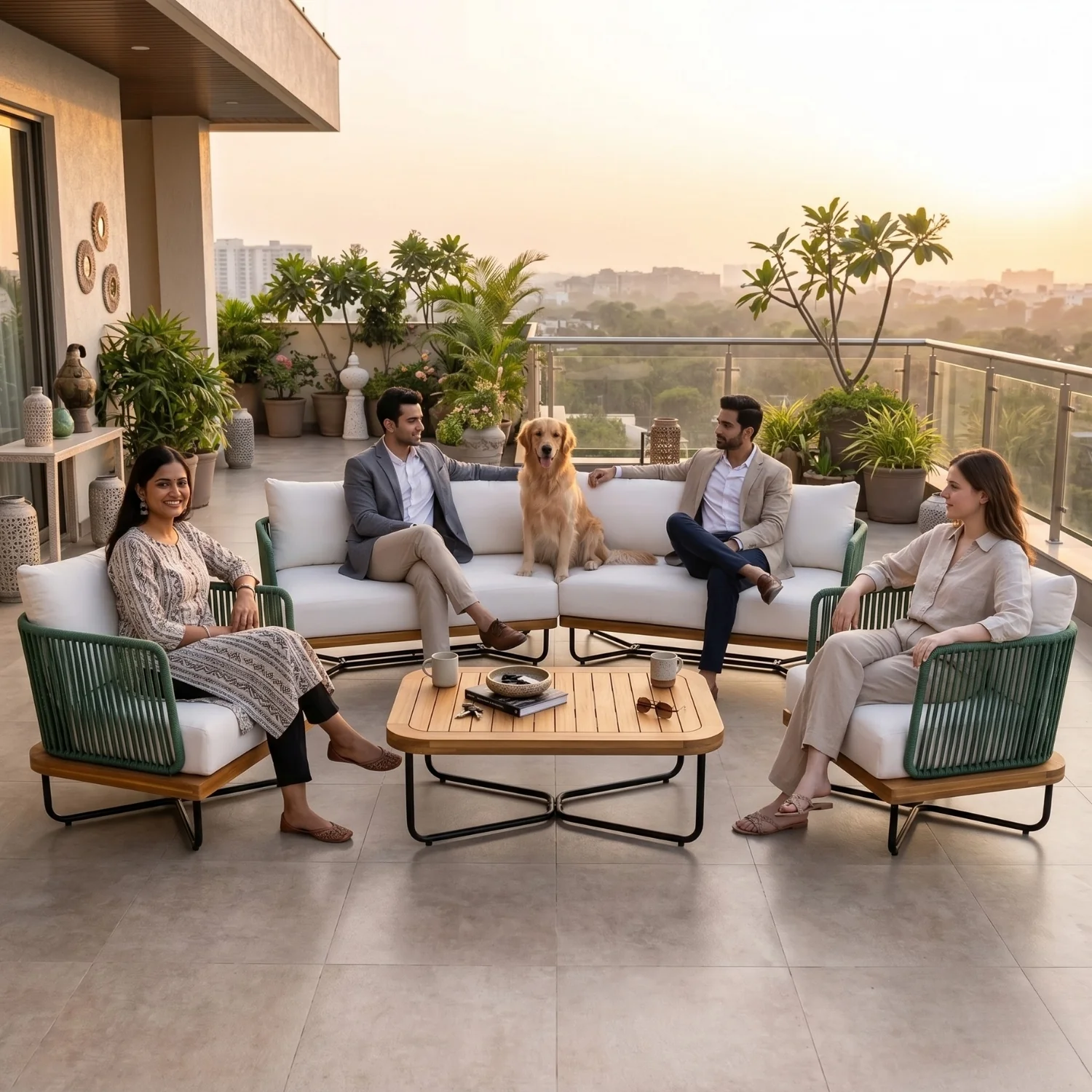 Outdoor Rope Sofa Set with Wooden Base & Teak Finish Coffee Table (Green & Off-White) - Image 12