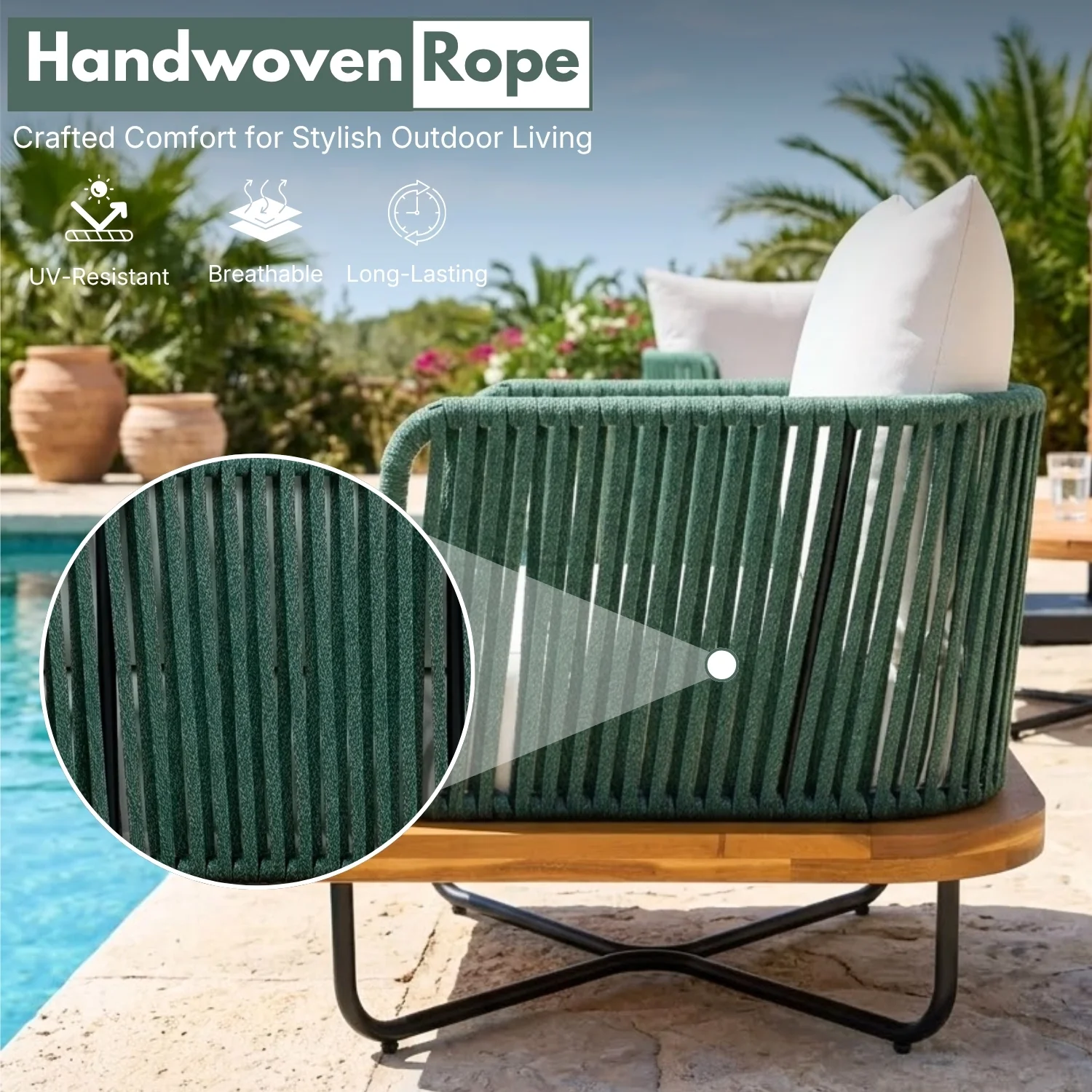 Outdoor Rope Sofa Set with Wooden Base & Teak Finish Coffee Table (Green & Off-White) - Image 3