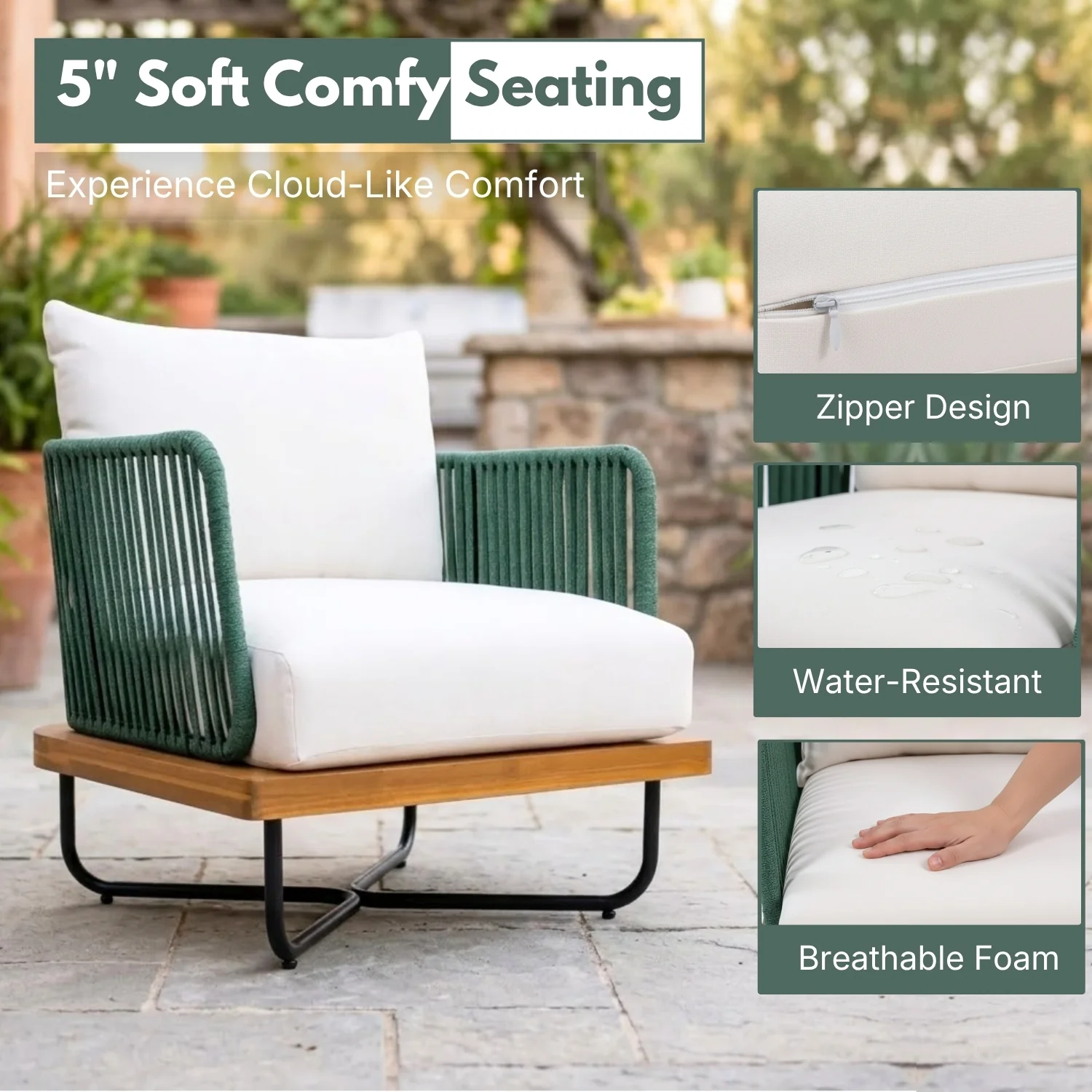 Outdoor Rope Sofa Set with Wooden Base & Teak Finish Coffee Table (Green & Off-White) - Image 4