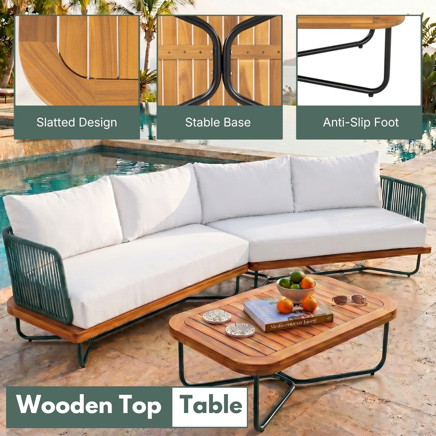 Outdoor Rope Sofa Set with Wooden Base & Teak Finish Coffee Table (Green & Off-White) - Image 5