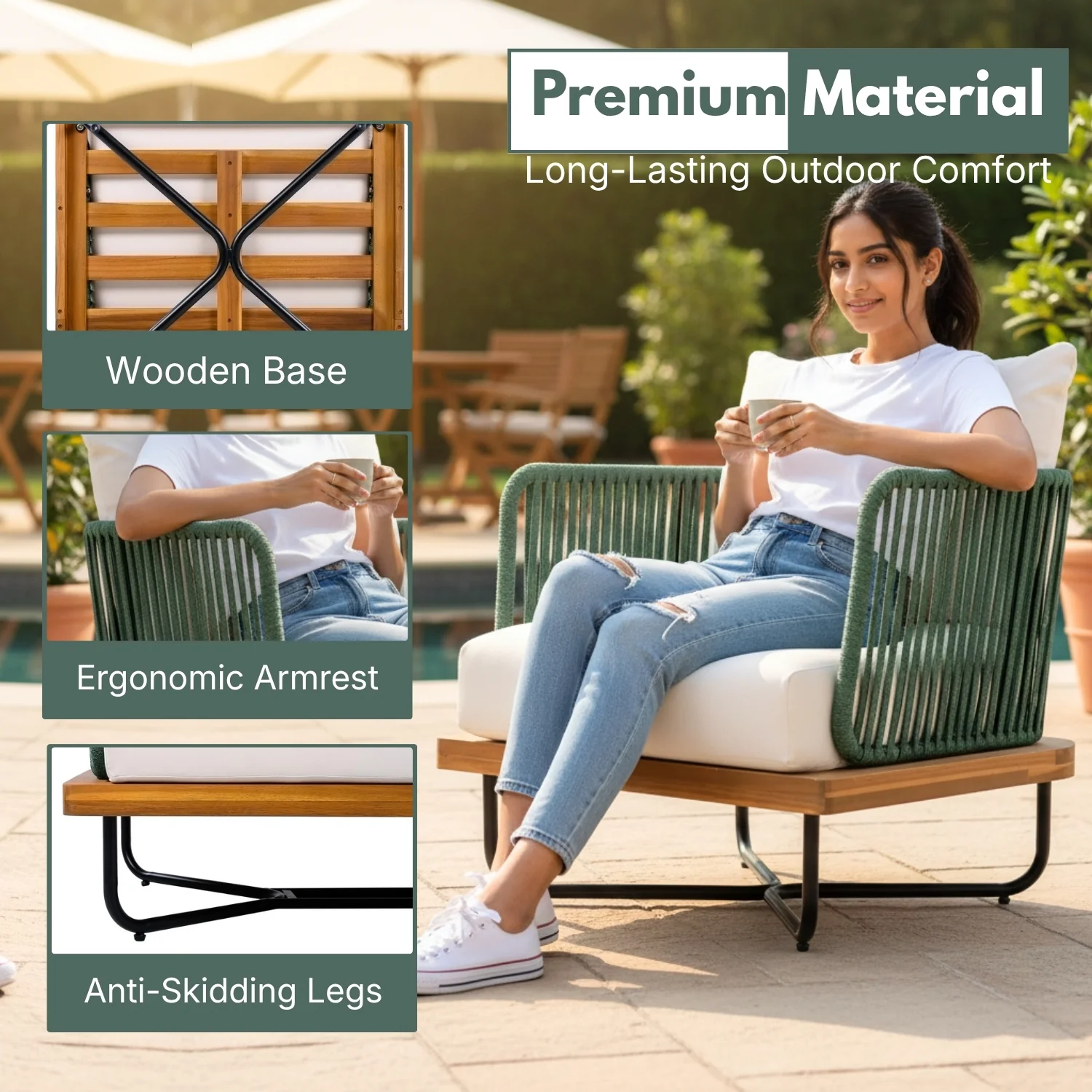 Outdoor Rope Sofa Set with Wooden Base & Teak Finish Coffee Table (Green & Off-White) - Image 6