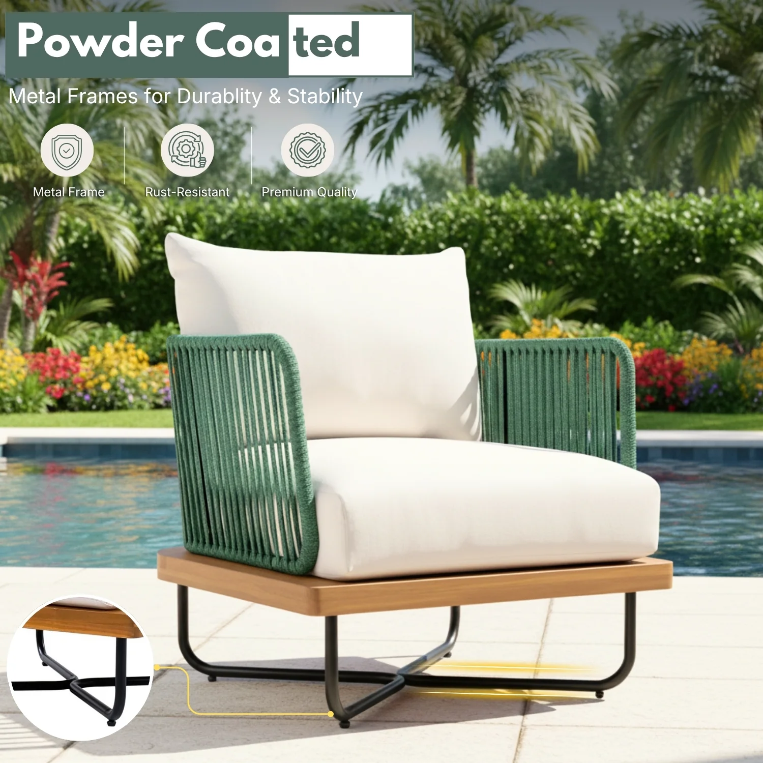 Outdoor Rope Sofa Set with Wooden Base & Teak Finish Coffee Table (Green & Off-White) - Image 7