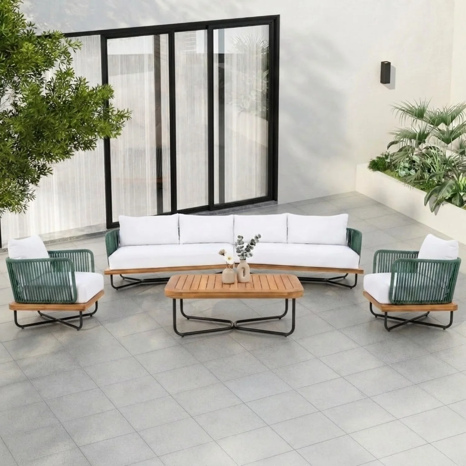 Outdoor Rope Sofa Set with Wooden Base & Teak Finish Coffee Table (Green & Off-White) - Image 8