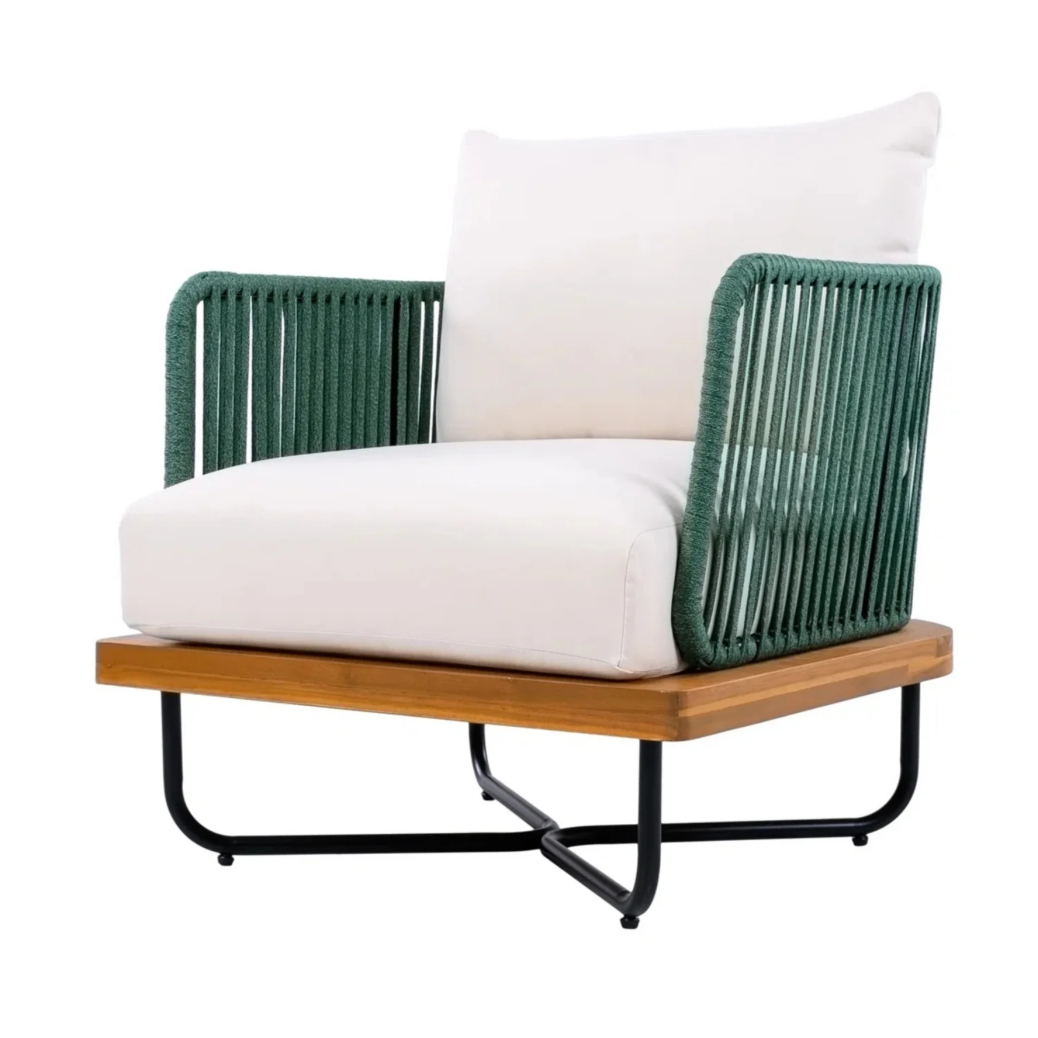 Outdoor Rope Sofa Set with Wooden Base & Teak Finish Coffee Table (Green & Off-White) - Image 9