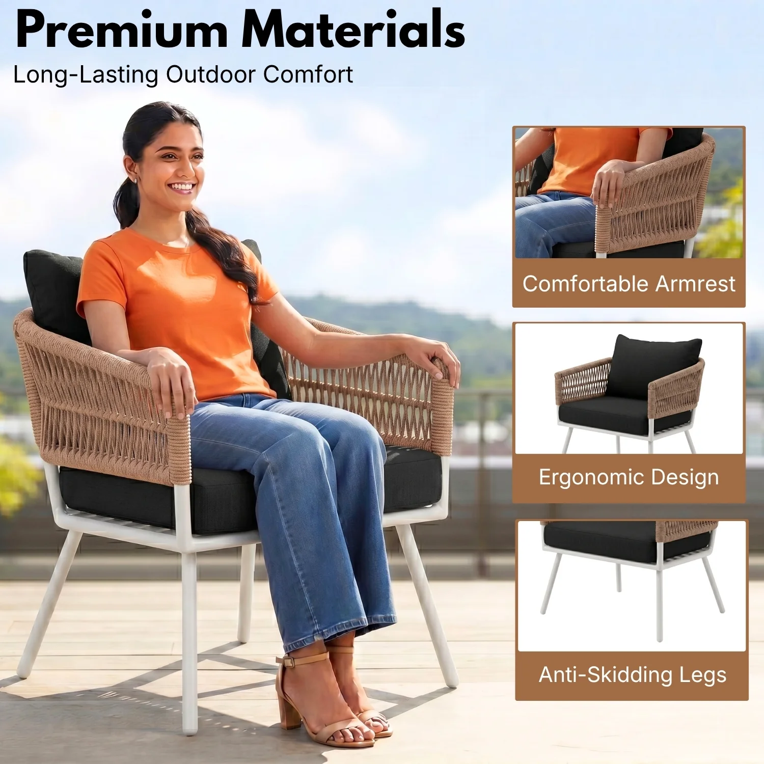 Outdoor Rope Sofa Set with Wooden Top Center Table (Beige & Black) - Image 4