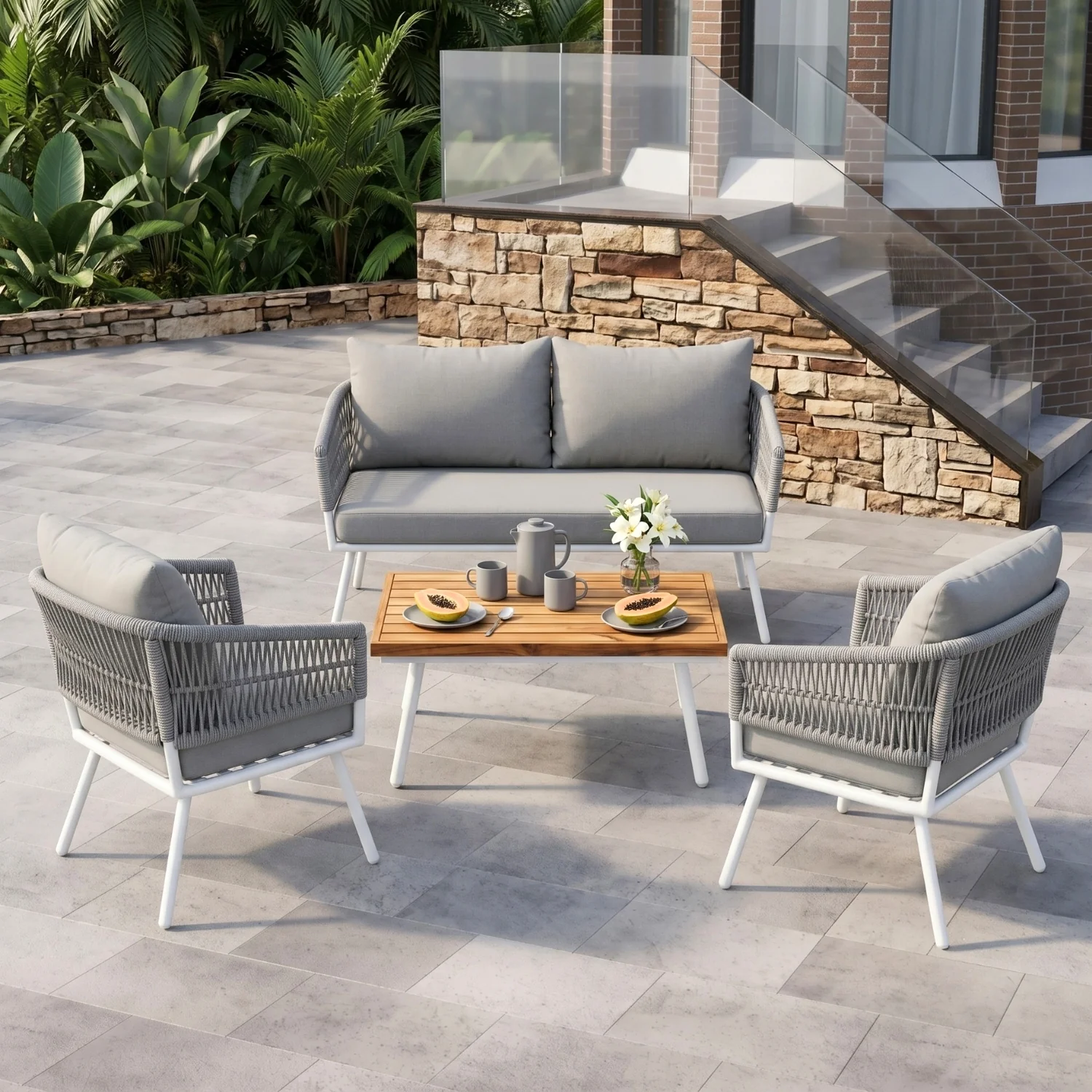Outdoor Rope Sofa Set with Wooden Top Center Table (Grey) - Image 10