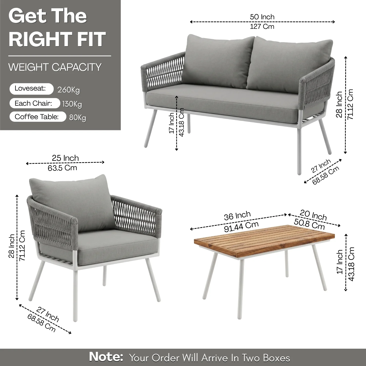 Outdoor Rope Sofa Set with Wooden Top Center Table (Grey) - Image 2