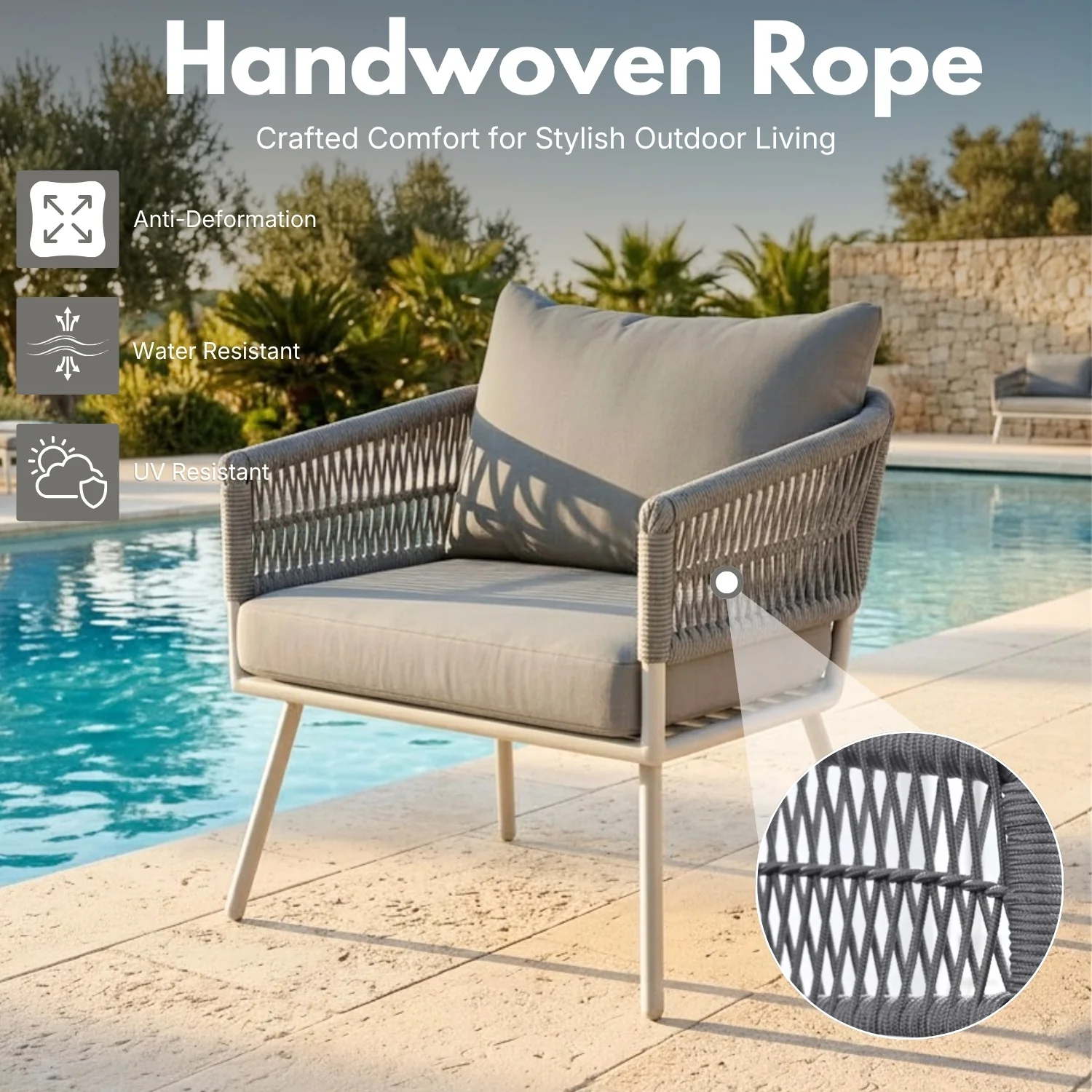 Outdoor Rope Sofa Set with Wooden Top Center Table (Grey) - Image 3