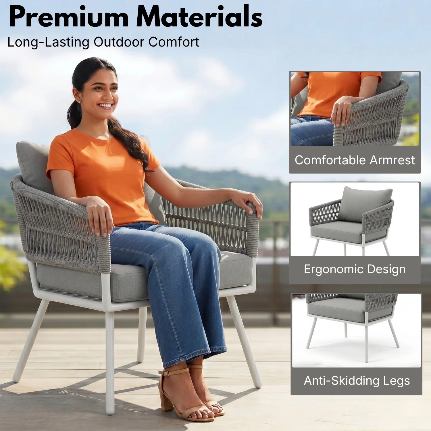 Outdoor Rope Sofa Set with Wooden Top Center Table (Grey) - Image 4