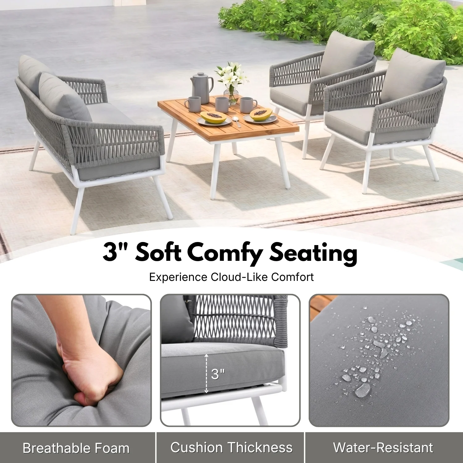 Outdoor Rope Sofa Set with Wooden Top Center Table (Grey) - Image 5