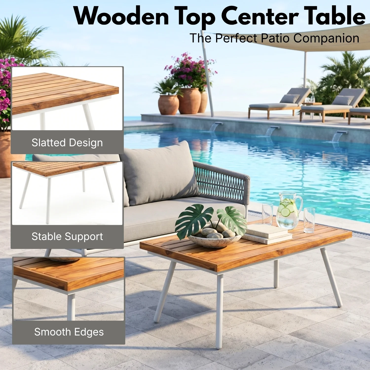 Outdoor Rope Sofa Set with Wooden Top Center Table (Grey) - Image 6