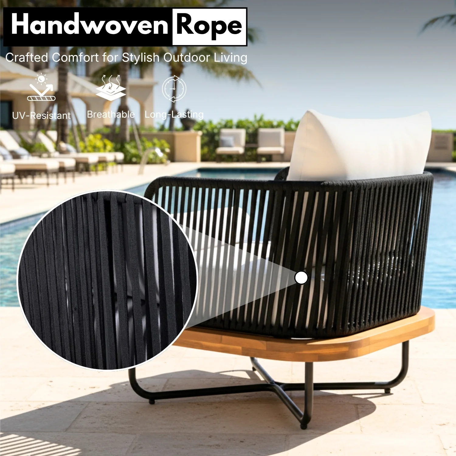Outdoor Rope Sofa with Wooden Base (Black & White) - Image 3