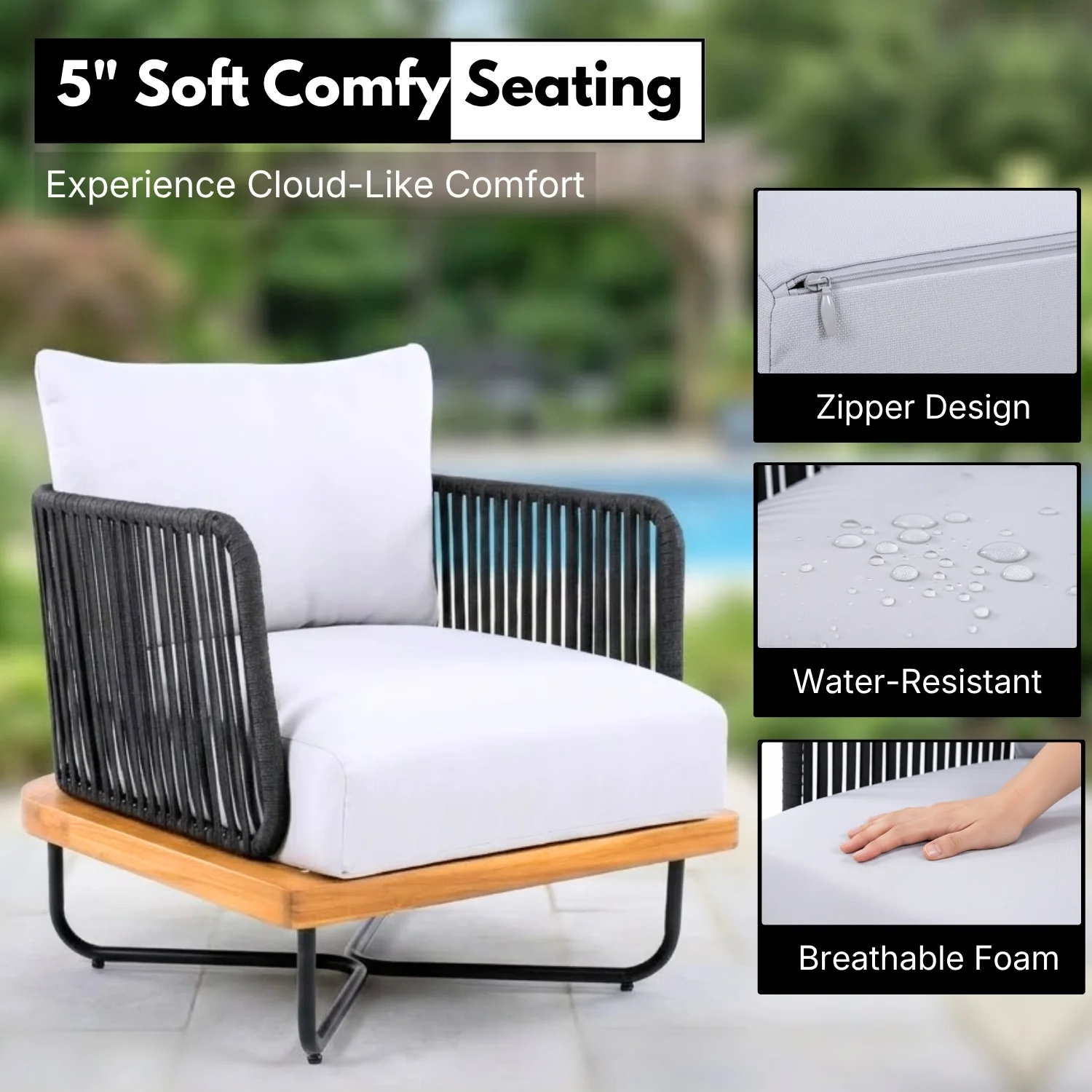 Outdoor Rope Sofa with Wooden Base (Black & White) - Image 4