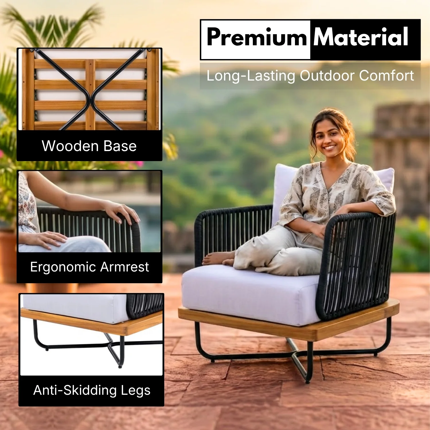 Outdoor Rope Sofa with Wooden Base (Black & White) - Image 5