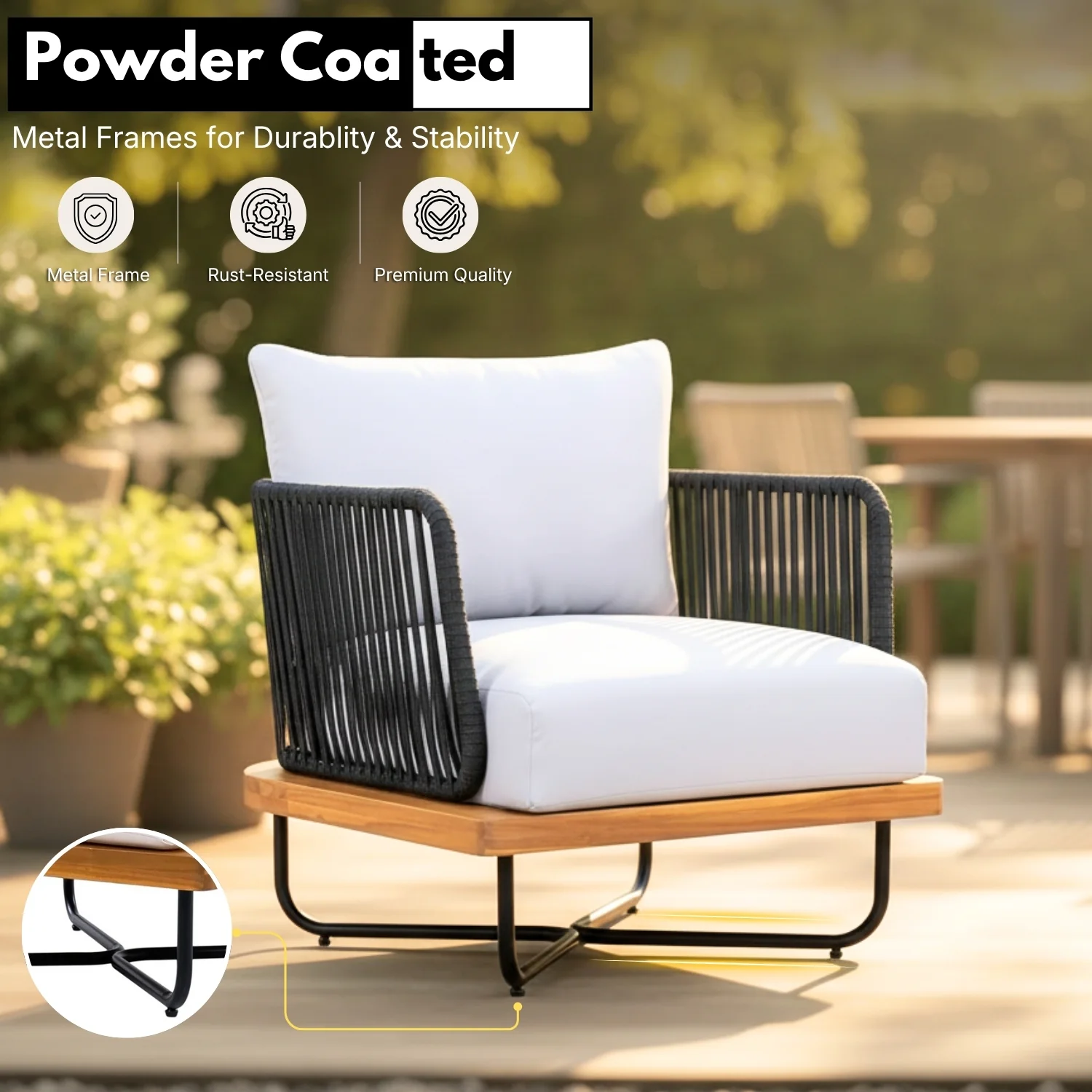 Outdoor Rope Sofa with Wooden Base (Black & White) - Image 6