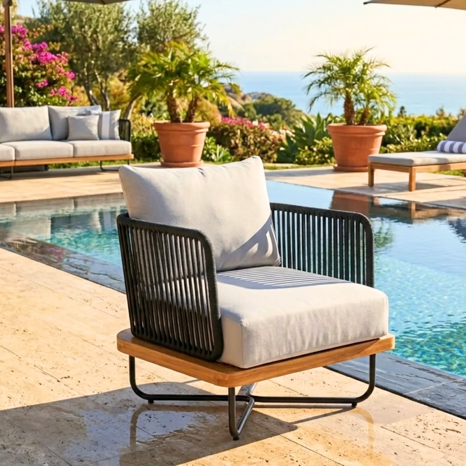 Outdoor Rope Sofa with Wooden Base (Black & White) - Image 9