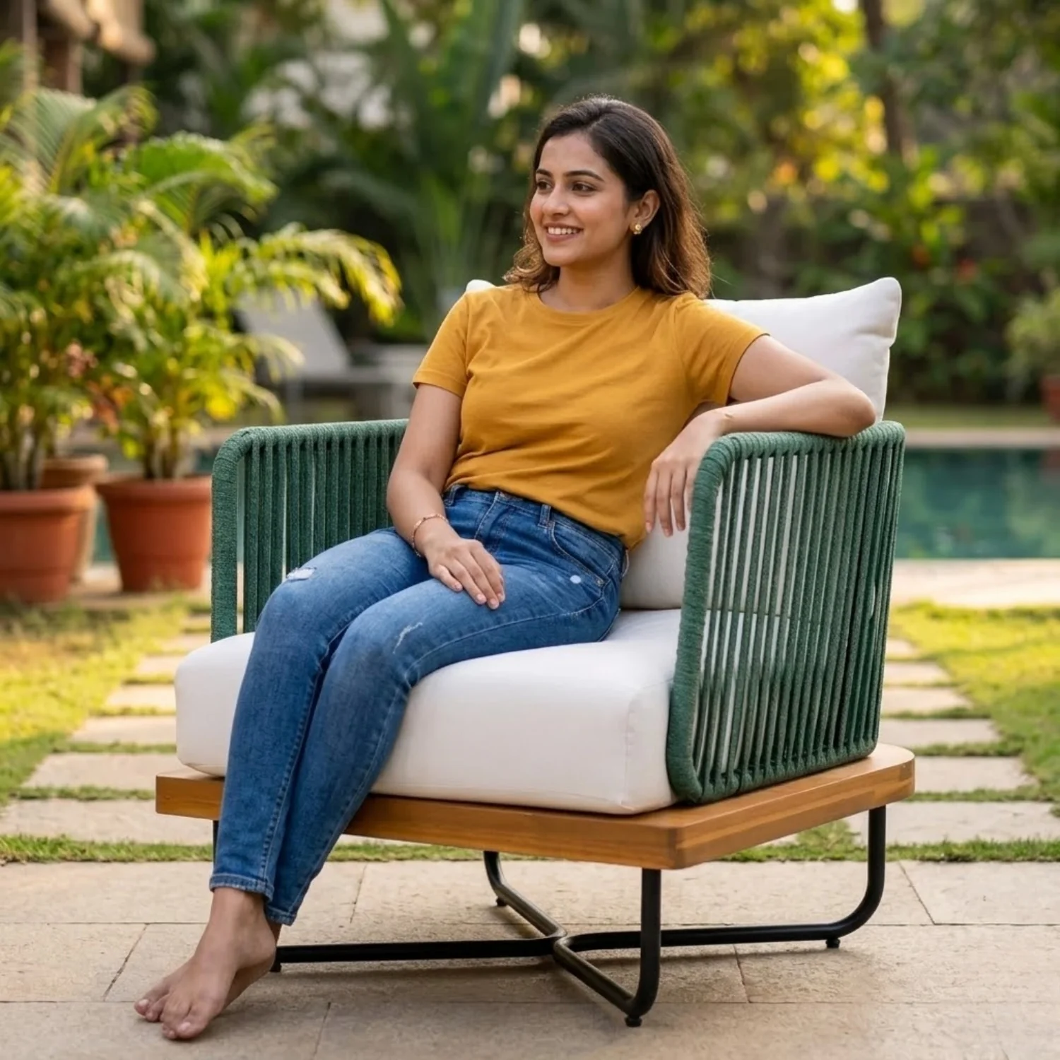 Outdoor Rope Sofa with Wooden Base (Green & White)