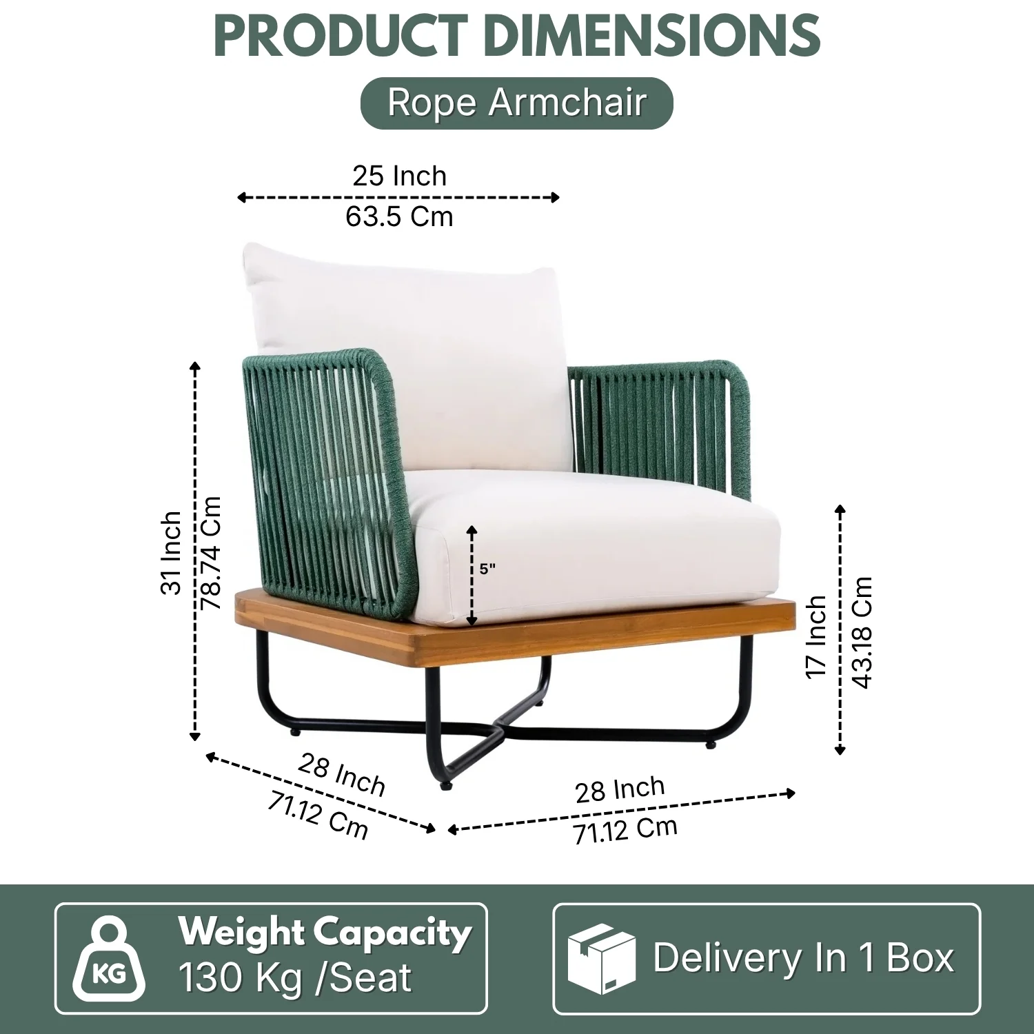 Outdoor Rope Sofa with Wooden Base (Green & White) - Image 2
