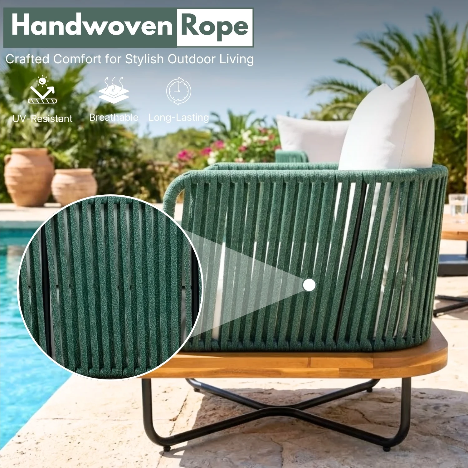 Outdoor Rope Sofa with Wooden Base (Green & White) - Image 3