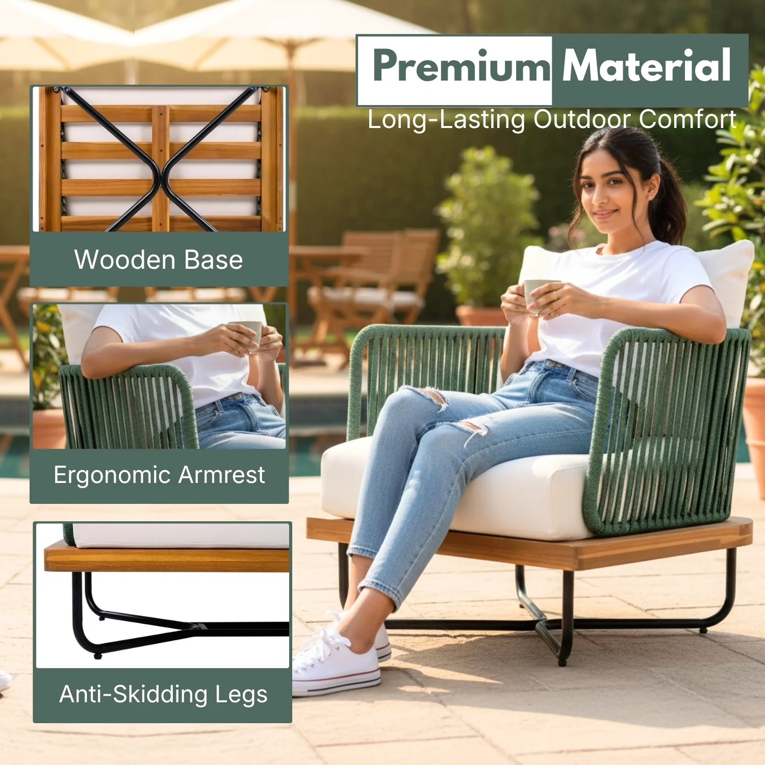 Outdoor Rope Sofa with Wooden Base (Green & White) - Image 5