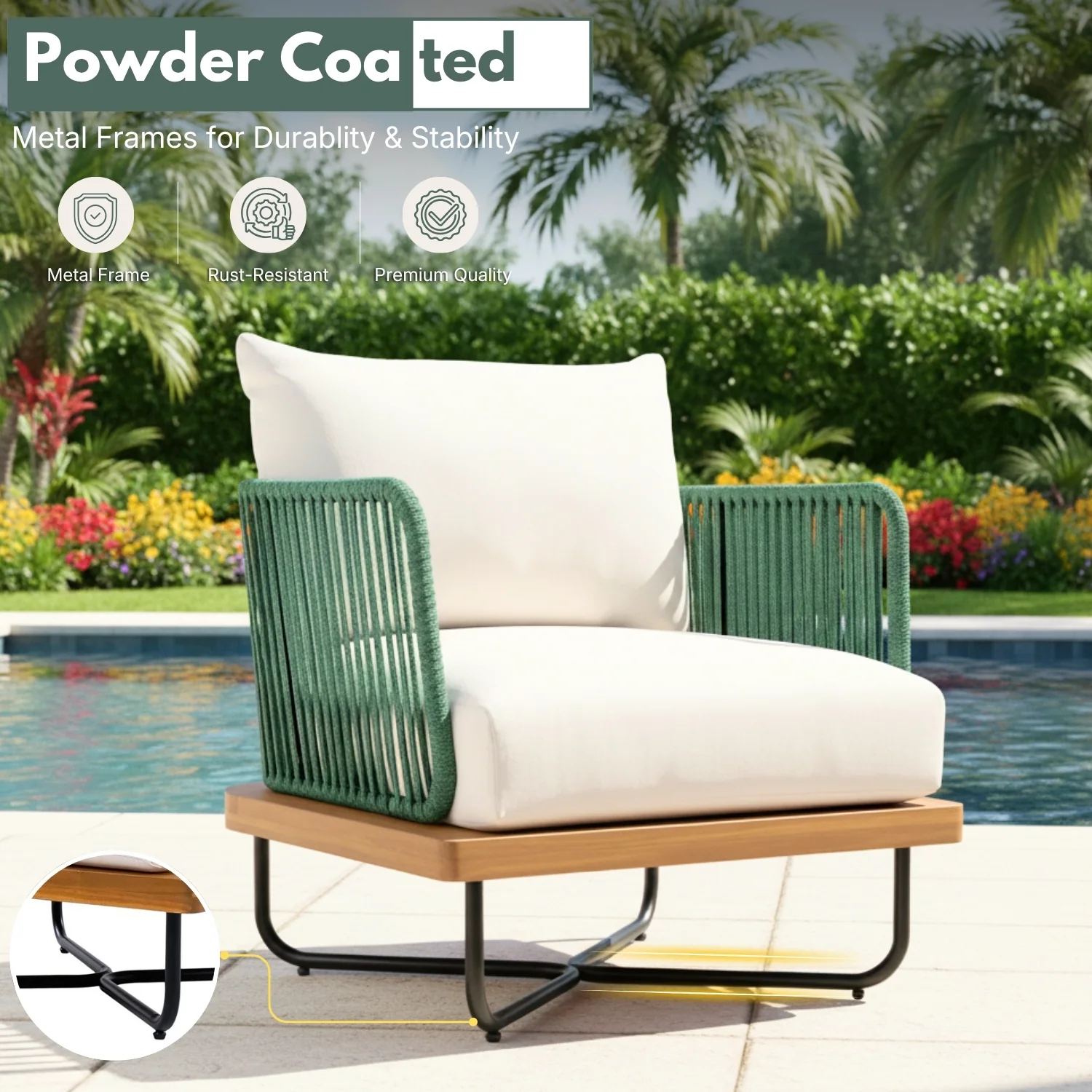 Outdoor Rope Sofa with Wooden Base (Green & White) - Image 6
