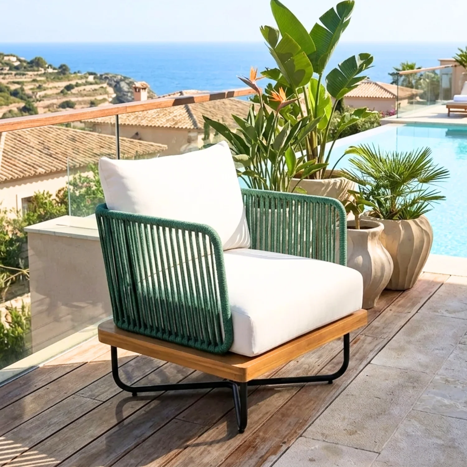 Outdoor Rope Sofa with Wooden Base (Green & White) - Image 9