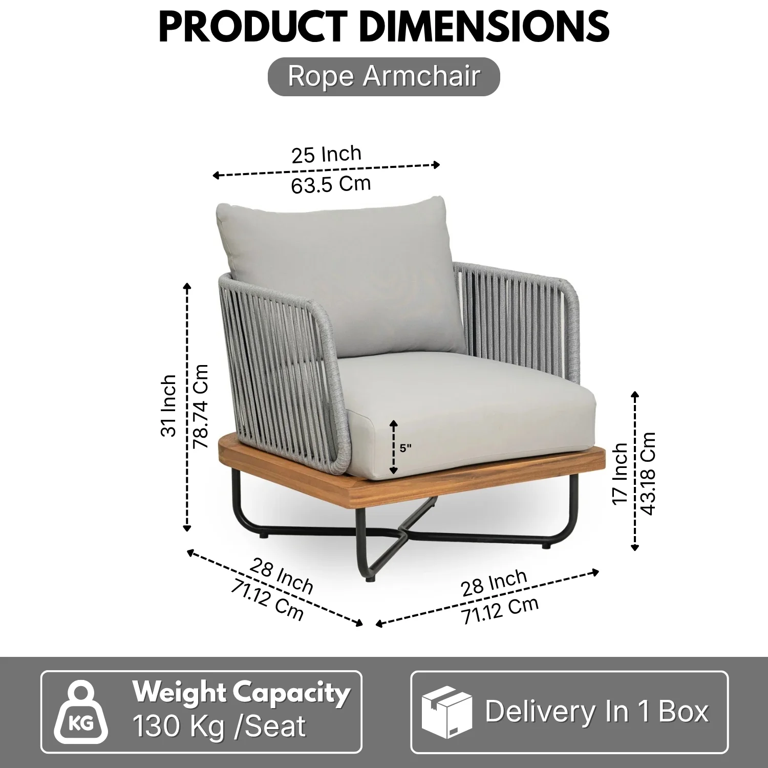 Outdoor Rope Sofa with Wooden Base (Grey) - Image 2