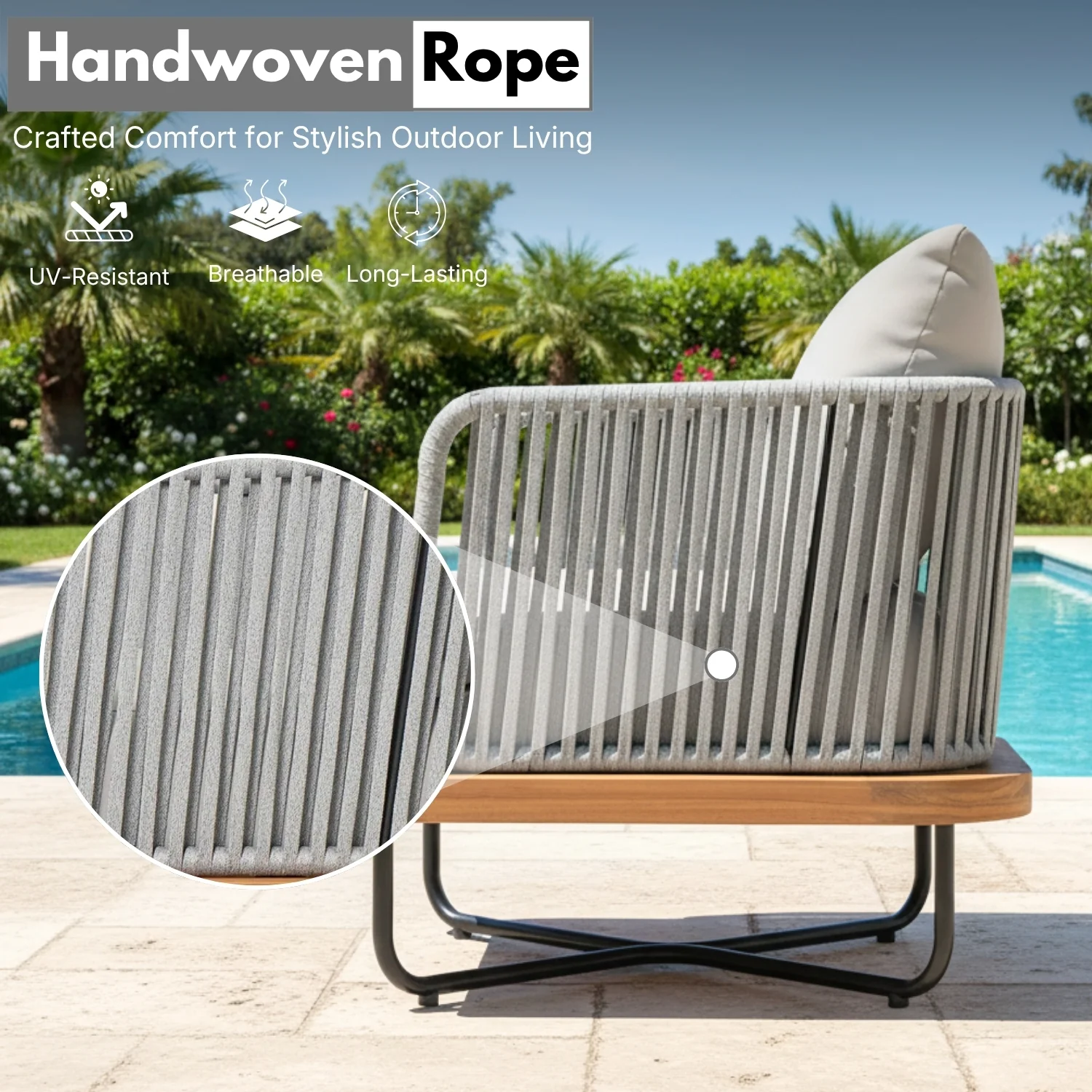Outdoor Rope Sofa with Wooden Base (Grey) - Image 3