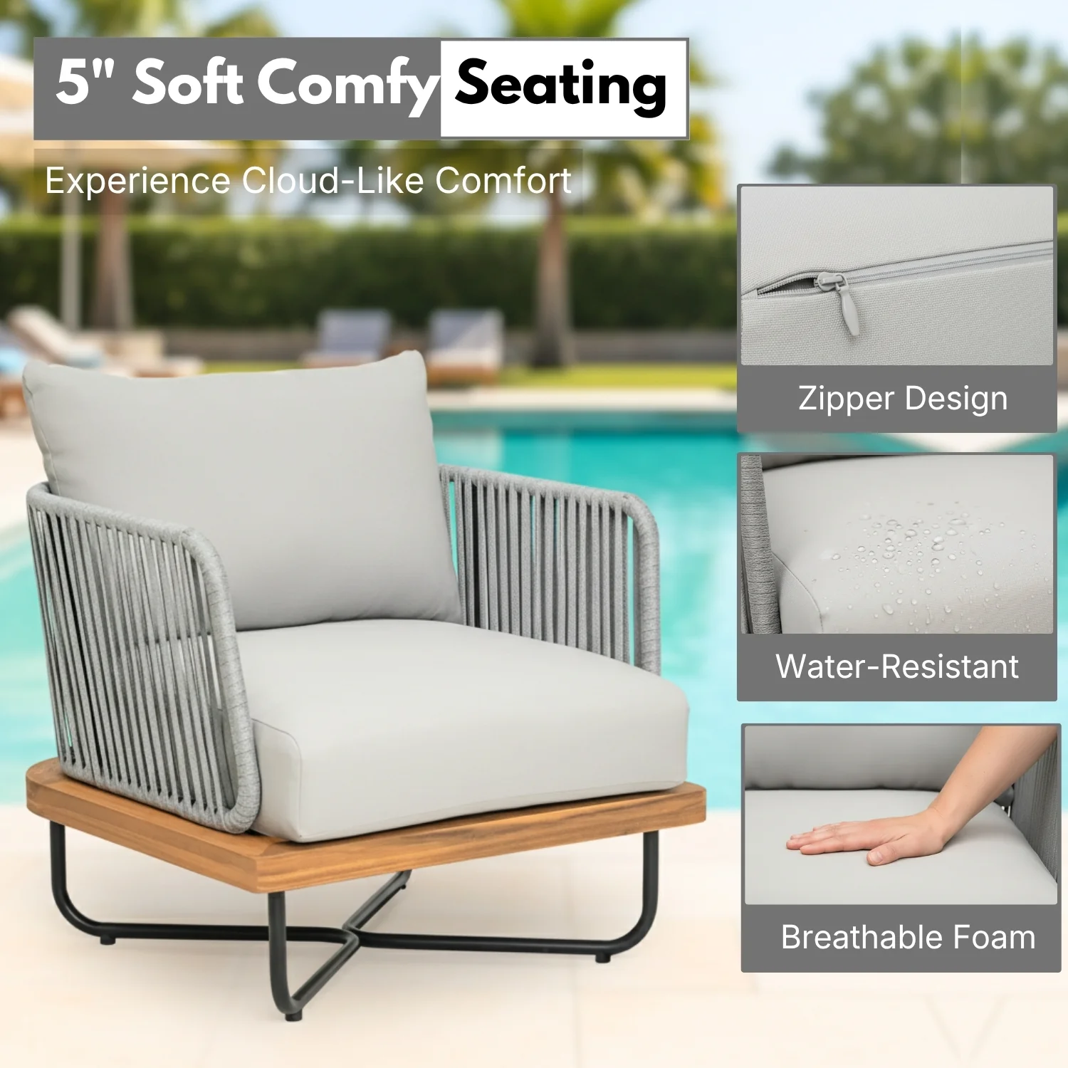 Outdoor Rope Sofa with Wooden Base (Grey) - Image 4