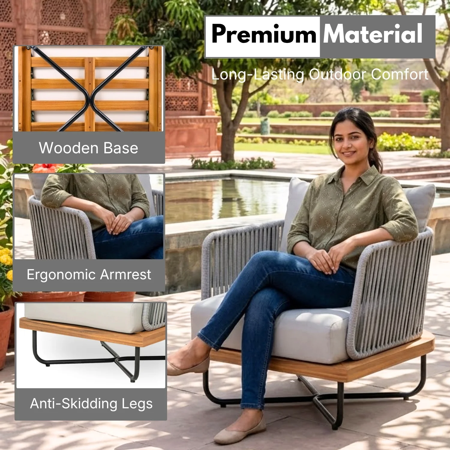 Outdoor Rope Sofa with Wooden Base (Grey) - Image 5