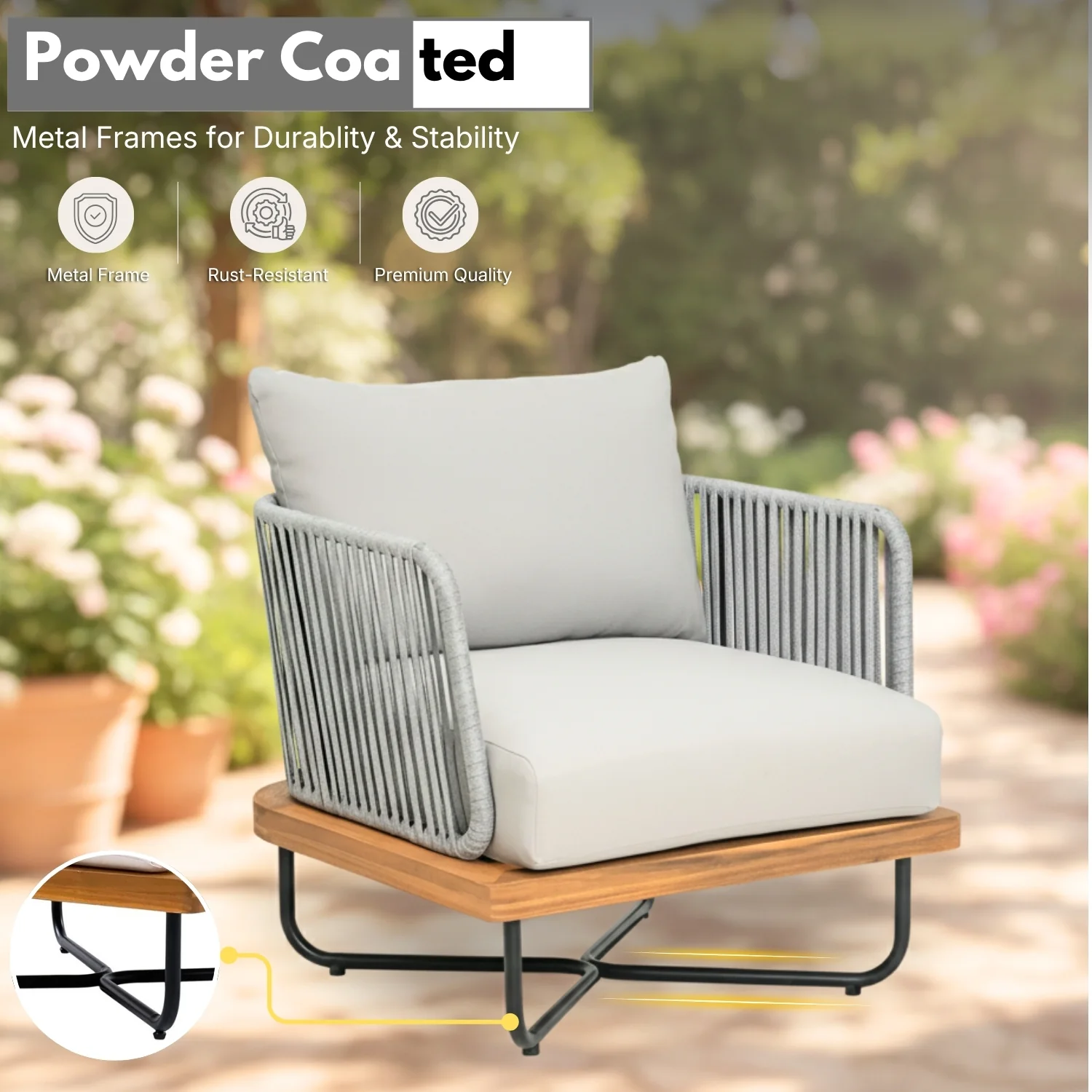 Outdoor Rope Sofa with Wooden Base (Grey) - Image 6