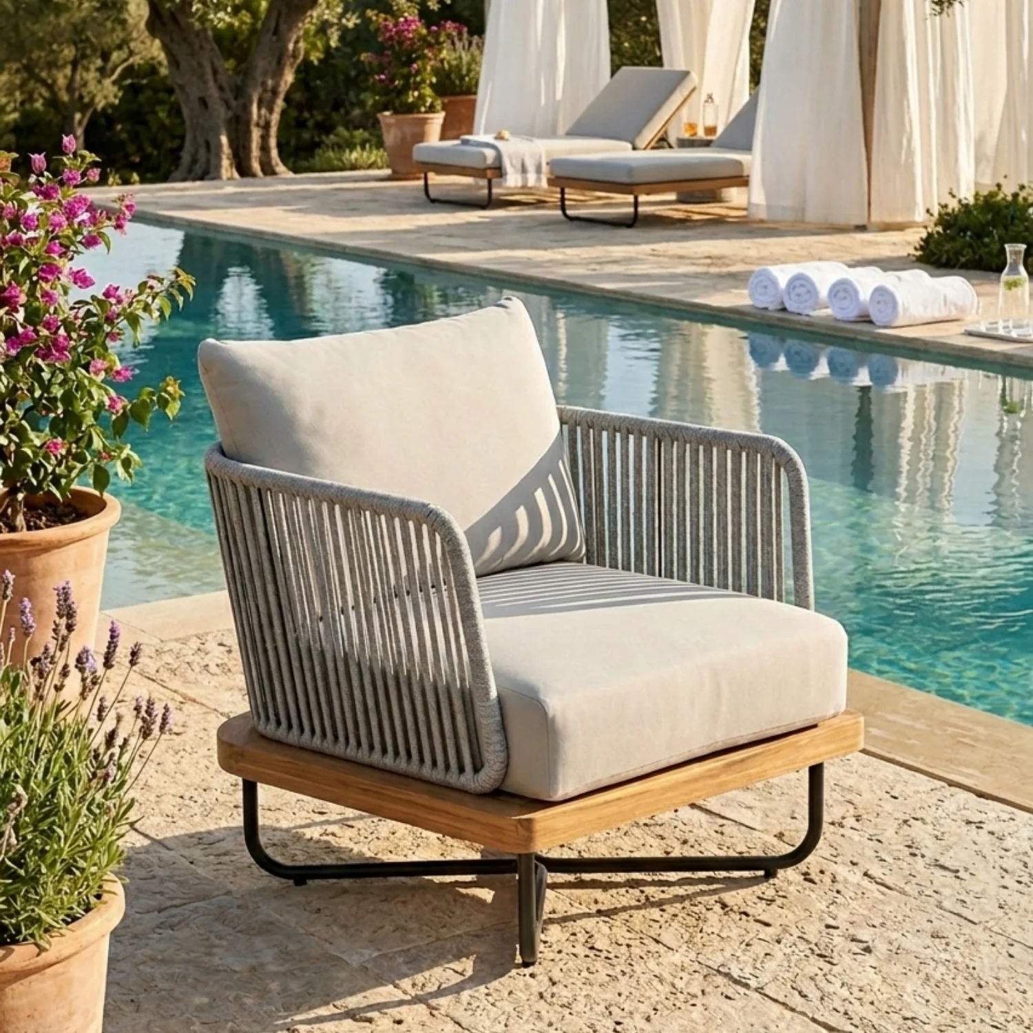 Outdoor Rope Sofa with Wooden Base (Grey) - Image 9