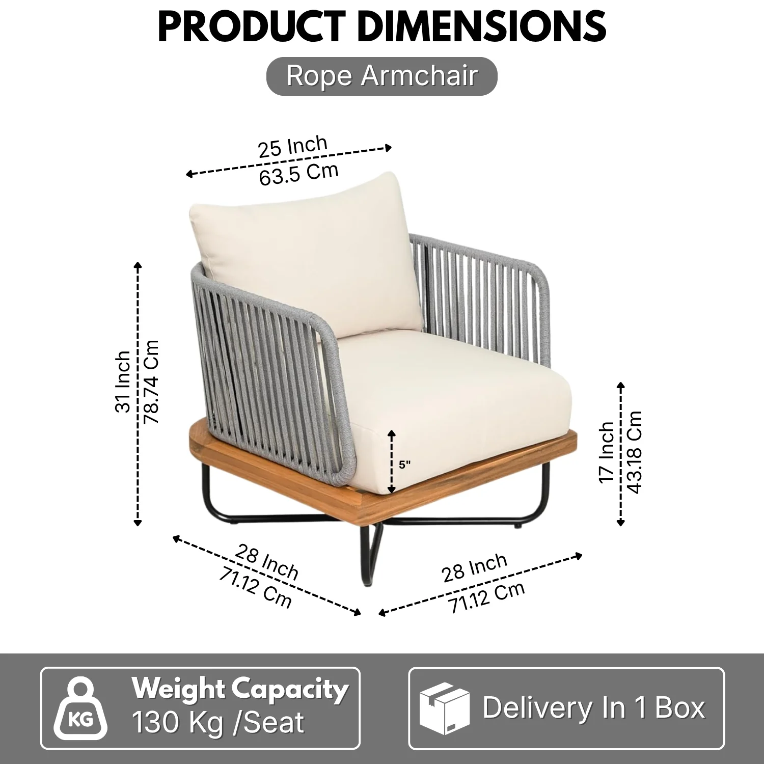Outdoor Rope Sofa with Wooden Base (Grey & Cream) - Image 2