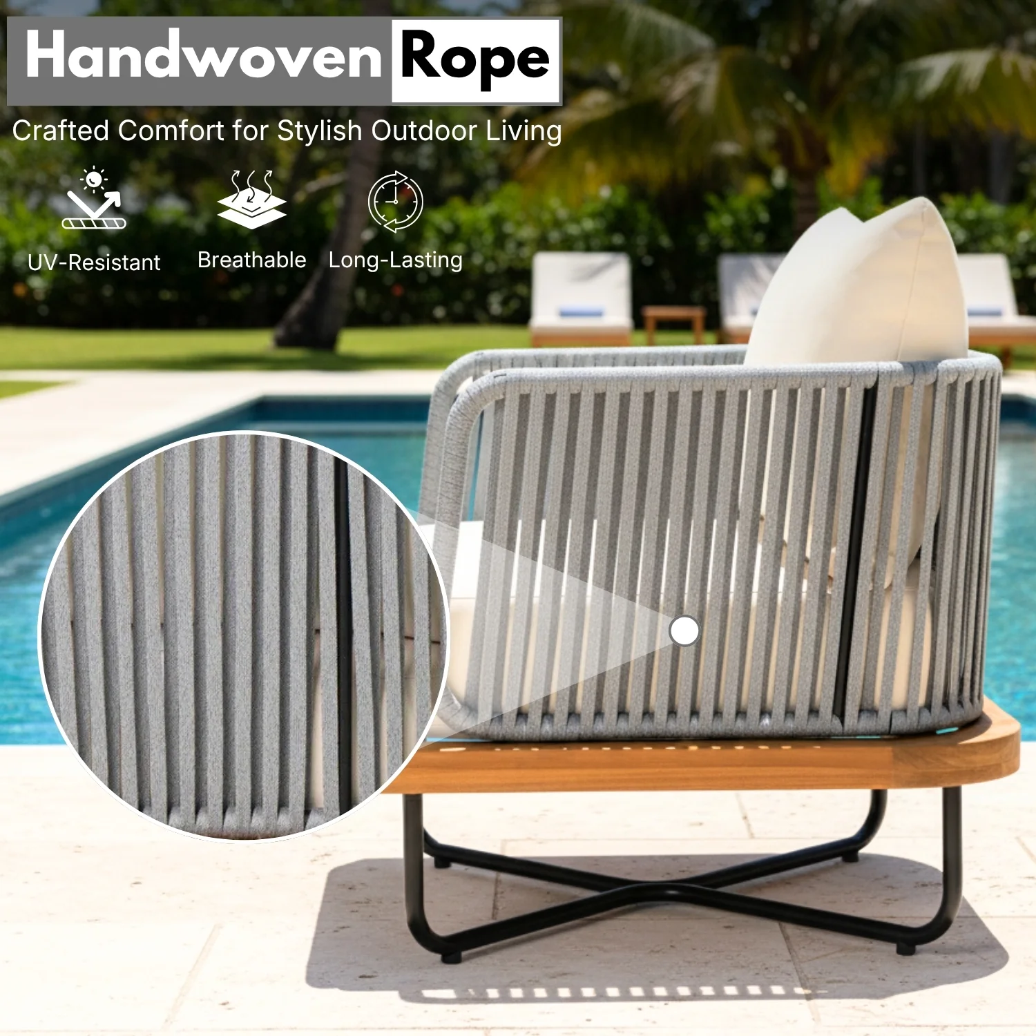 Outdoor Rope Sofa with Wooden Base (Grey & Cream) - Image 3